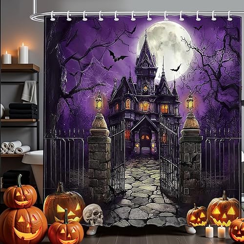 Miniatura 7 de Mocsicka Cortina de ducha de casa embrujada de Halloween, castillo de terror, noche aterradora, luna llena, calabaza, cortina de ducha impermeable