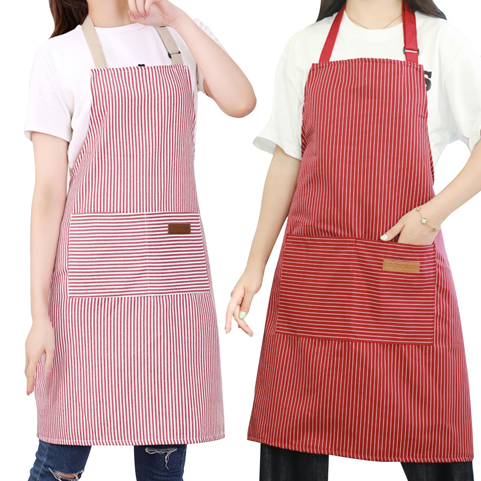 LoNinLoAn Striped Cotton Linen Apron 2 Packs Professional Chefs Apron, Unisex Adjustable Chef Bib Aprons with 2 Pockets Cooking Apron for Cooking Baking Painting Kitchen Restaurant Garden (Rose+Pink)