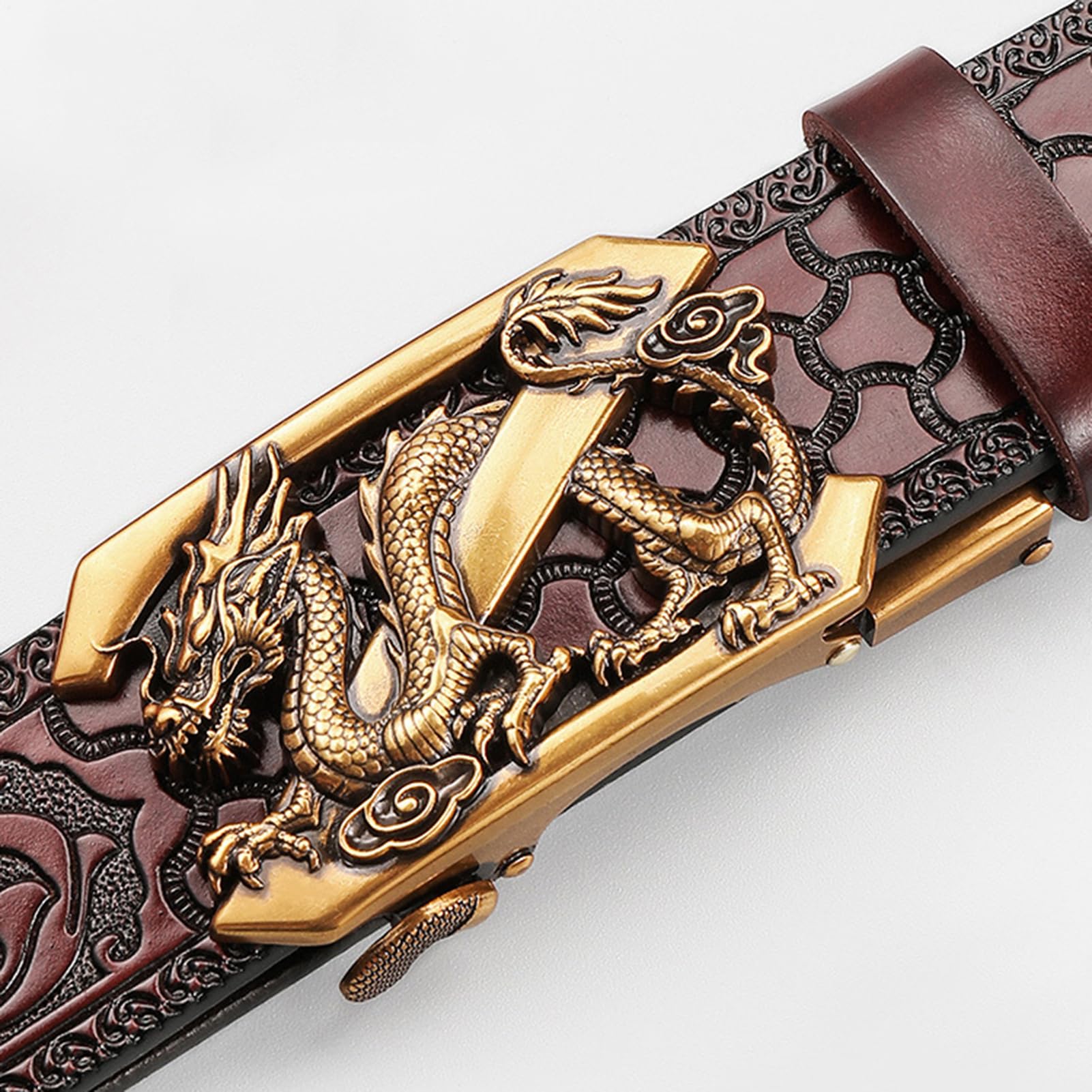 pasek, Paski kowbojskie w stylu western, tłoczone, ze skóry naturalnej, złotą klamrą kształcie smoka, do spodni jeansowych, szerokość 35 mm(Black,125cm/waist:42"~44")