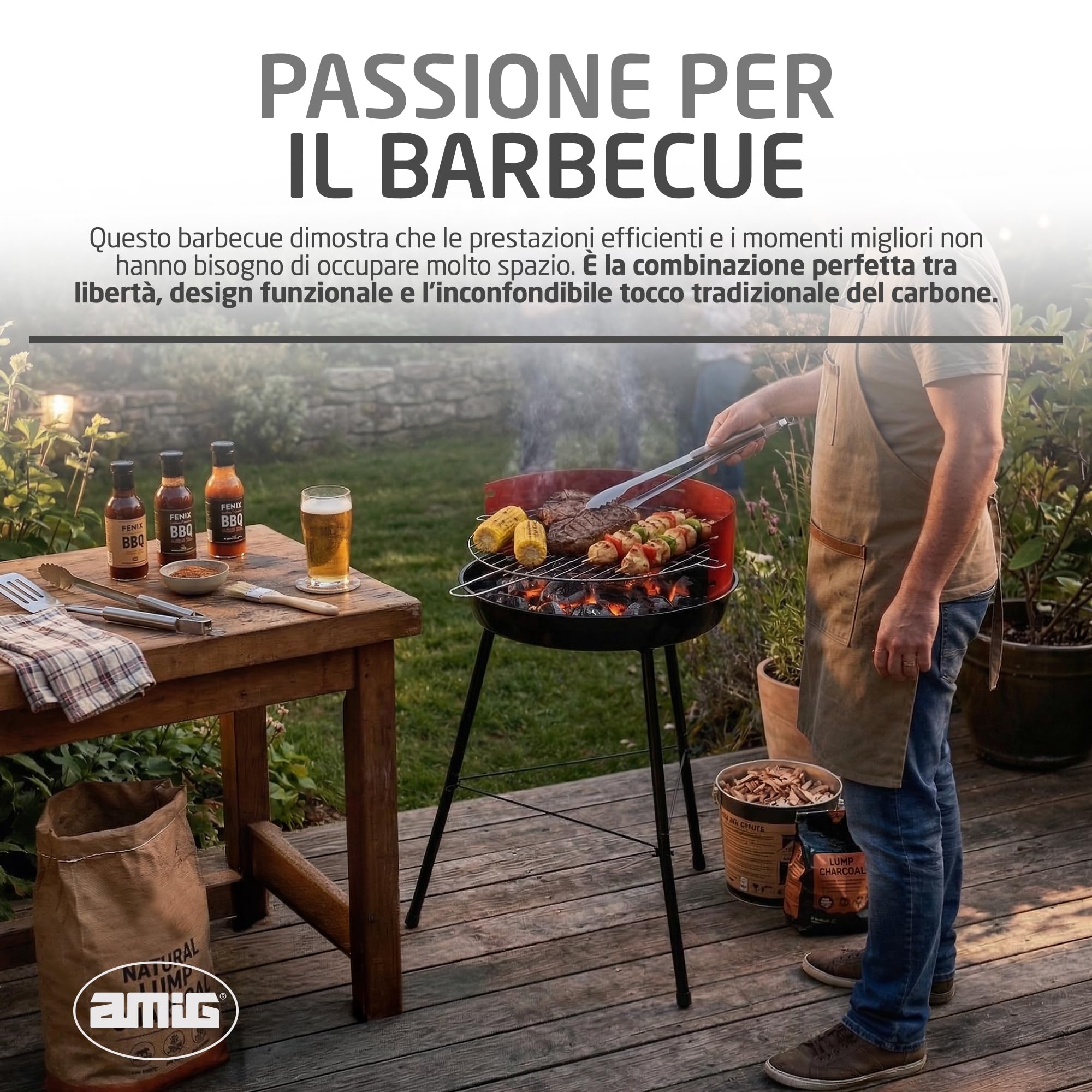 Amig - Barbecue a carbone - 57 x 54 x 84 cm - Nero - Realizzata in Acciaio - Giardino e patio - per terrazza e balcone con dimensioni adatte a spazi ridotti, uso pratico. Mod. FENIX