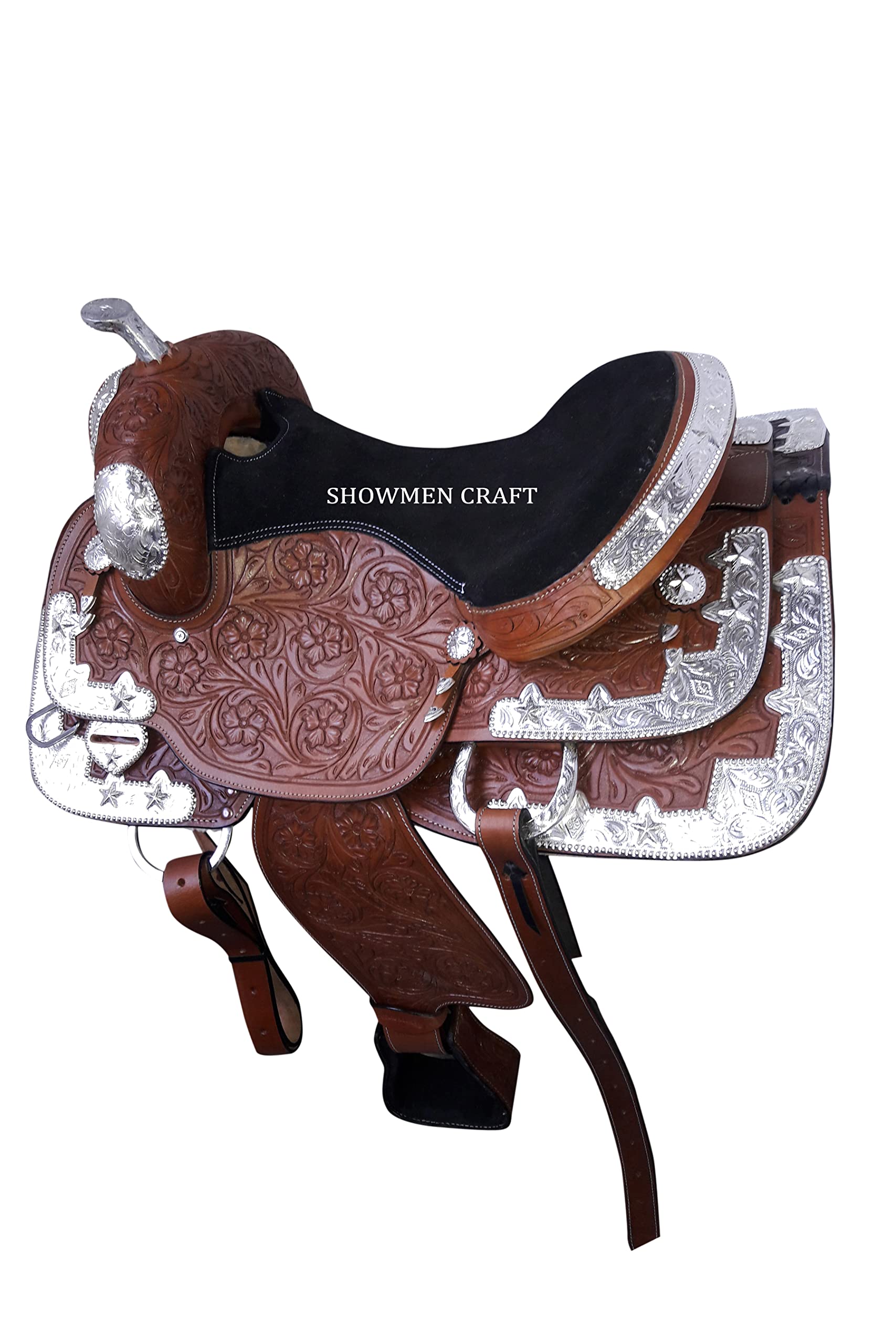 SHOWMEN CRAFT Western Saddle Fully Decorative Silver Show Outfit with Headstall & Breast Caller (15 Inch)