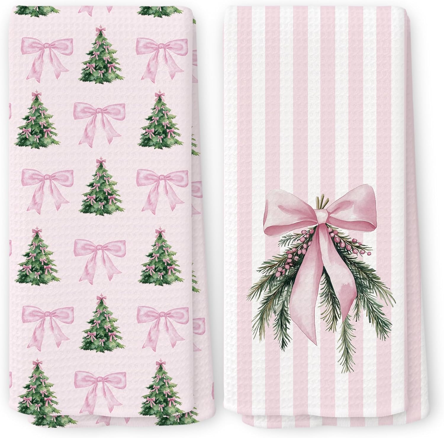 Pink Christmas Kitchen Towels Set of 2, Preppy Christmas Decor Dish Tea Towels for Kitchen, Coquette Pink Bow Christmas Tree Mistletoe Decorative Hand Towel for Bathroom 16x24 Inch