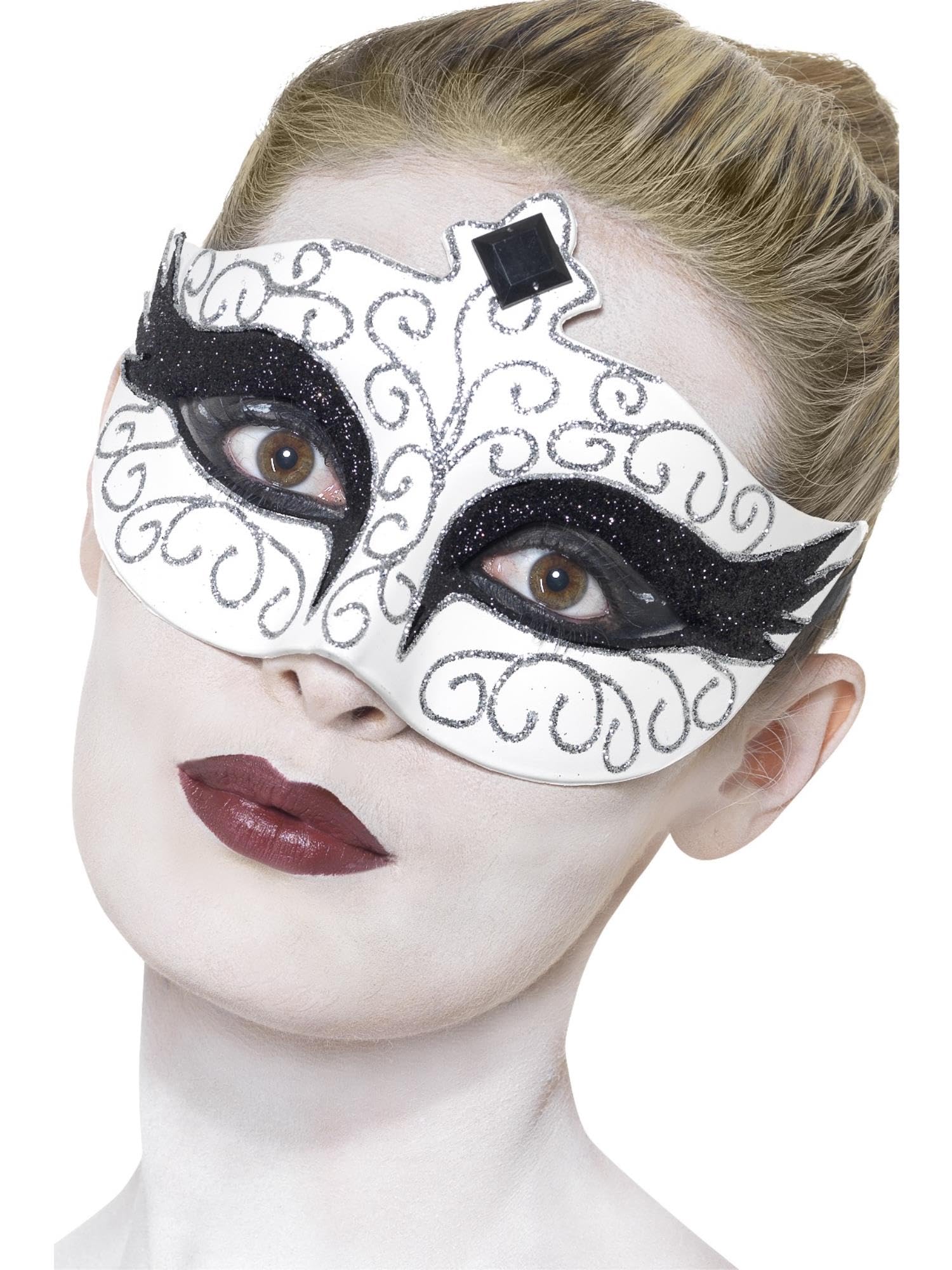 Gothic Swan Eyemask, White, with Black Jewelled Tiara Design and Tie Sides - One Size