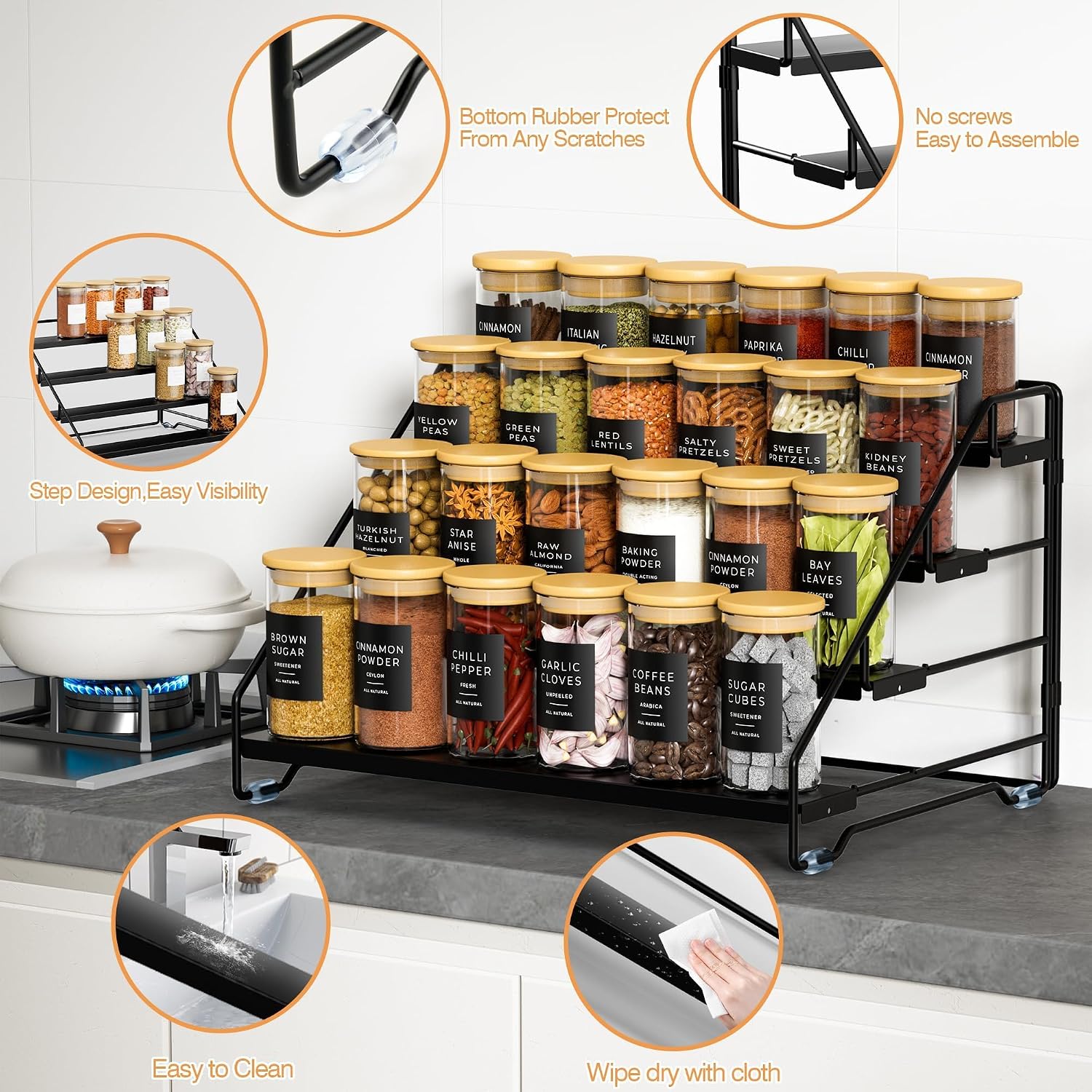 Pack of 2 4 Tier Spice Rack, Standing, Spice Rack, Metal, Adjustable, No Drilling, Spice Holder, Spice Rack Organiser for the Kitchen, Cupboard and Worktop, Kitchen Organiser Shelf (Black) image 4