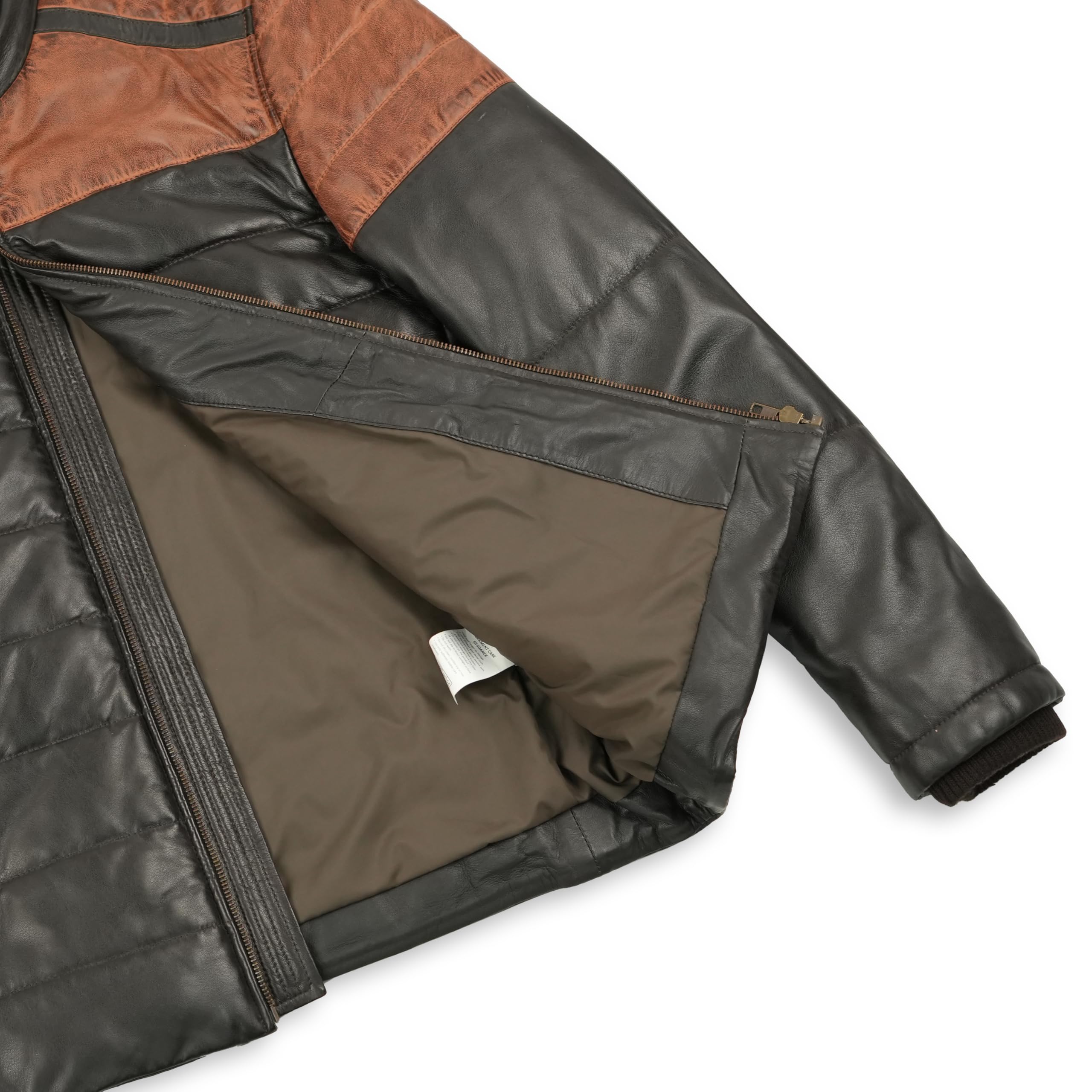 Leatherick Chaqueta acolchada bitono de piel de cordero para hombre: piel auténtica con forro aislante de burbujas, cierre de cremallera y diseño multibolsillos.