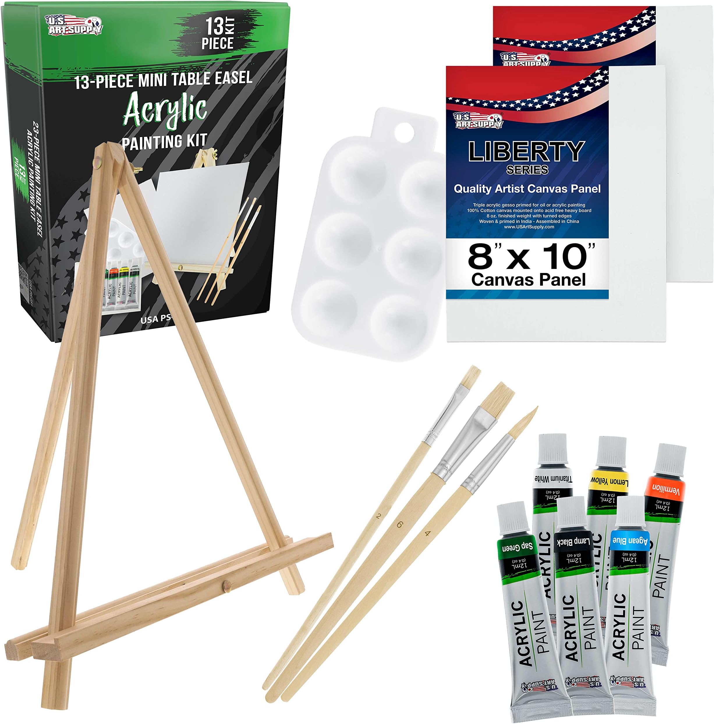 U.S. Art Supply 13-Piece Artist Painting Set with 6 Vivid Acrylic Paint Colors, 12" Easel, 2 Canvas Panels, 3 Brushes, Painting Palette - Fun Children, Kids School, Students, Beginners Starter Art Kit