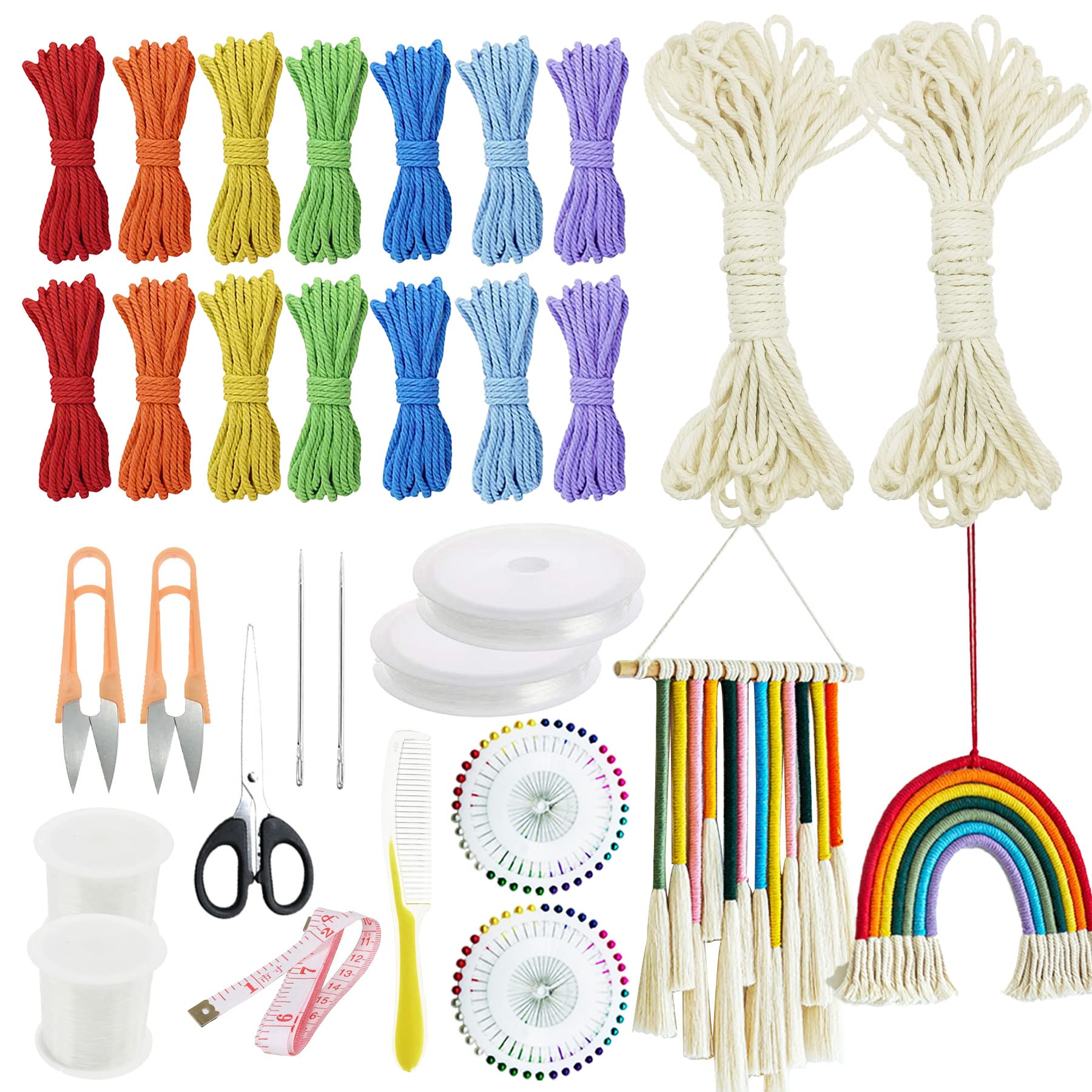 AllazoneRainbow Wall Hanging Kit, 8 PackDIY Rainbow Wall Decor Craft Kit, Cotton Macrame Cord Rope, Pearl Needle, Crystal String Rope for Bedroom Nursery Baby Kids Rooms, Small