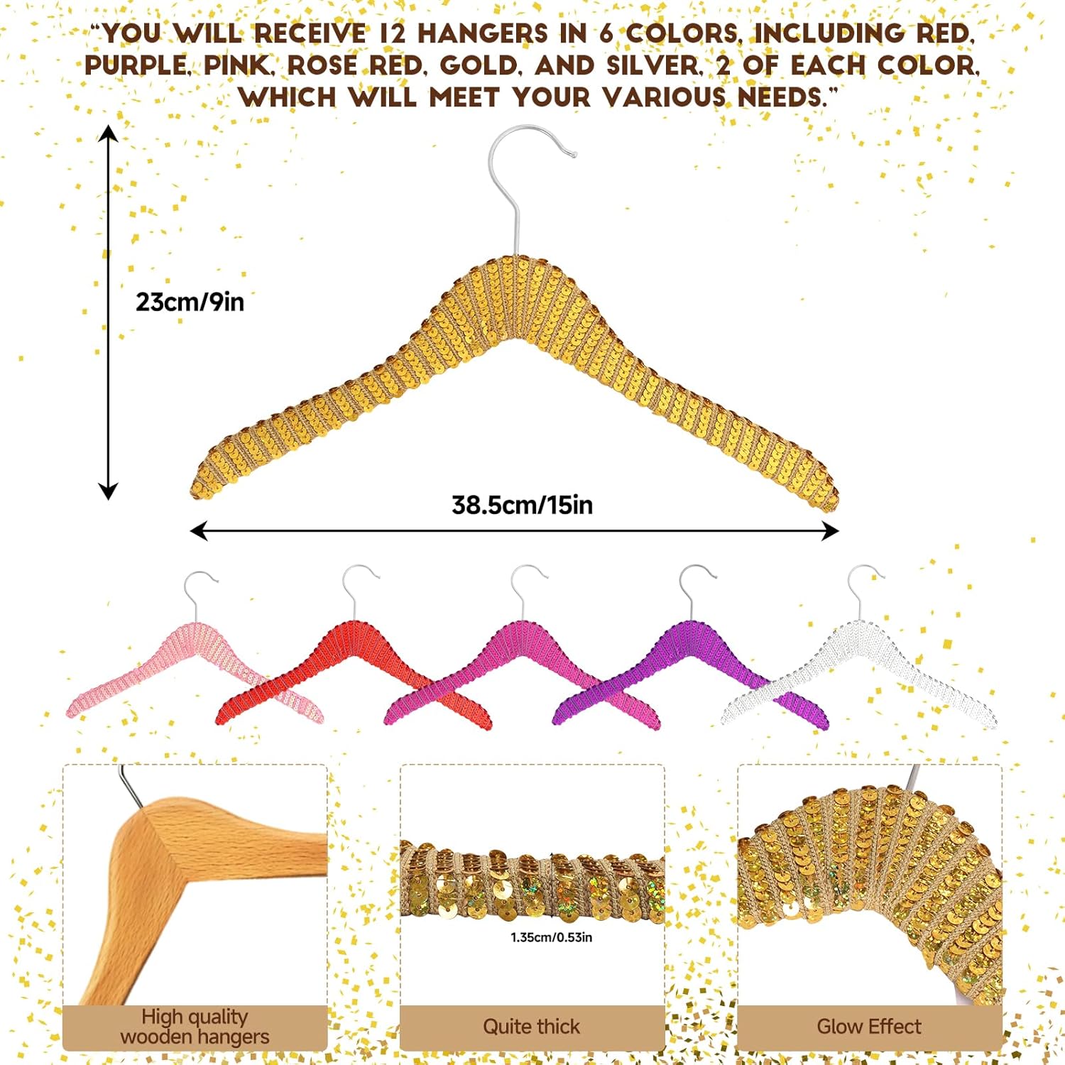 Luxury Sequin Wooden Hangers – Decorative Non Slip Natural Wood Clothes Hangers for Wedding Dress, Bridal Party, Bridesmaid Gifts, Custom Glitter Coat & Suit Hangers, Elegant Coquette Style (Gold)