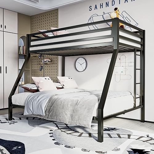ikalido Litera tipo loft de metal, tamaño individual sobre matrimonial, con barandilla de seguridad y escalera, no necesita somier, muebles de