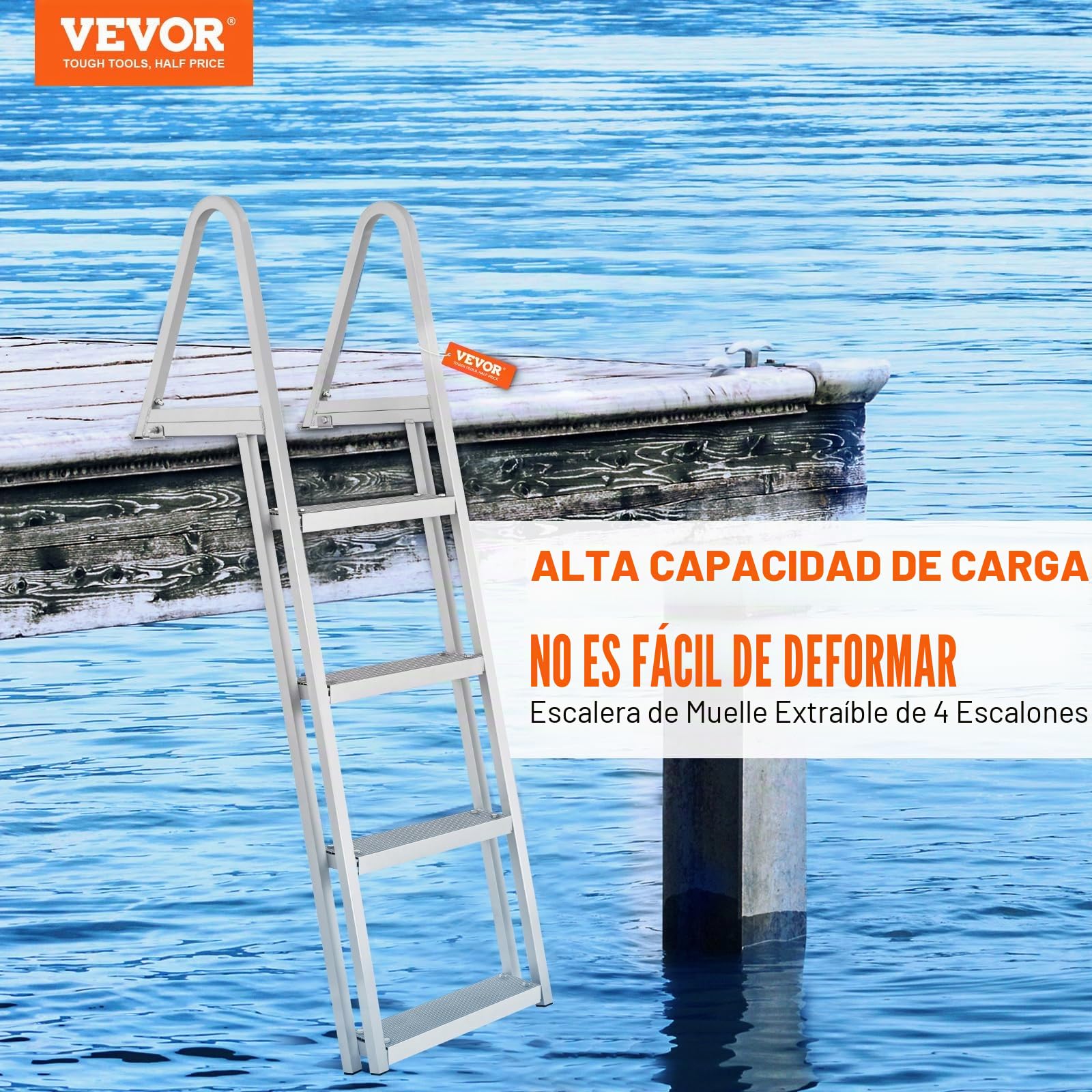 VEVOR Escalera de Muelle, 4 Escalones Extraíbles, Escalera de Pontón de Aleación de Aluminio con Escalón Pedales Antideslizantes Fácil de Instalar para Barco, Lago, Piscina, Embarque Marino