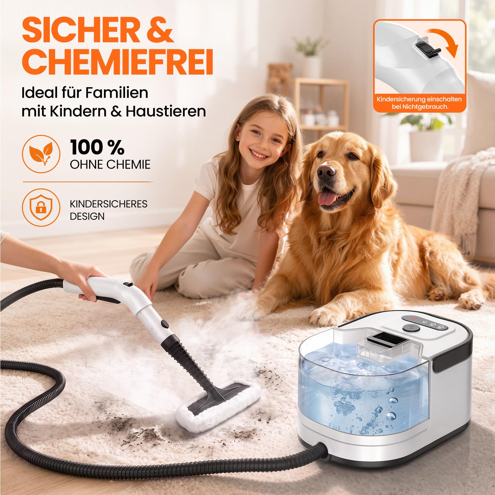 3-Stufig Dampfreiniger Handgerät,20 Sekunden Aufheizzeit und 1,6L Abnehmbarer Großer Tank, 2500W Hochleistungs-Dampfreiniger für Boden, Küche, Fenster, Bad, Auto, Ölentfernung
