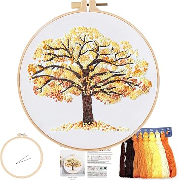 FONNUY Crewel Embroidery Kit for Beginners, Seasonal Tree Pre-Stamped Pattern Kits for Adults with Hoop, Easy to Follow Color Thread Needlework, 8 Yellow