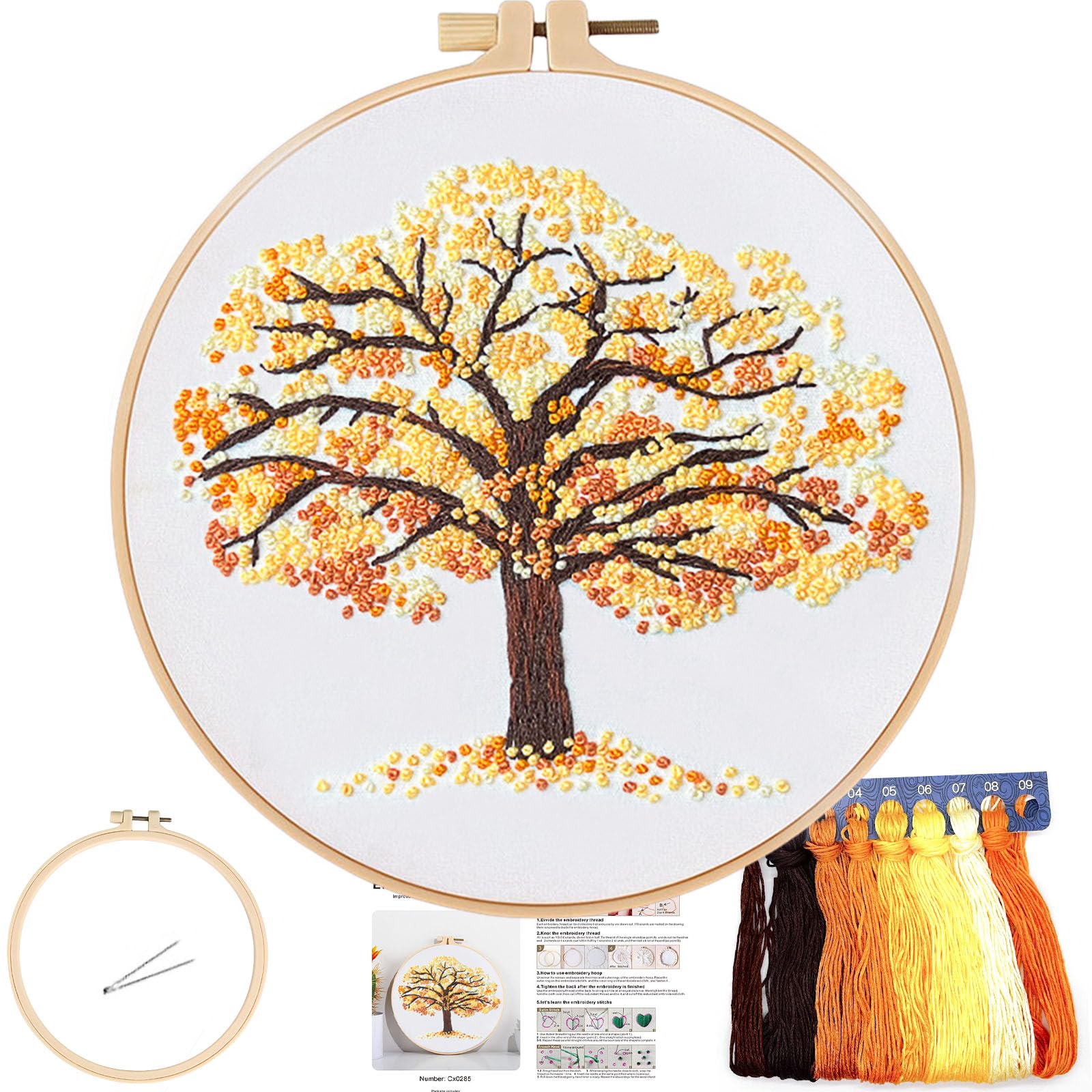 FONNUY Crewel Embroidery Kit for Beginners, Seasonal Tree Pre-Stamped Pattern Kits for Adults with Hoop, Easy to Follow Color Thread Needlework, 8'' (Yellow)
