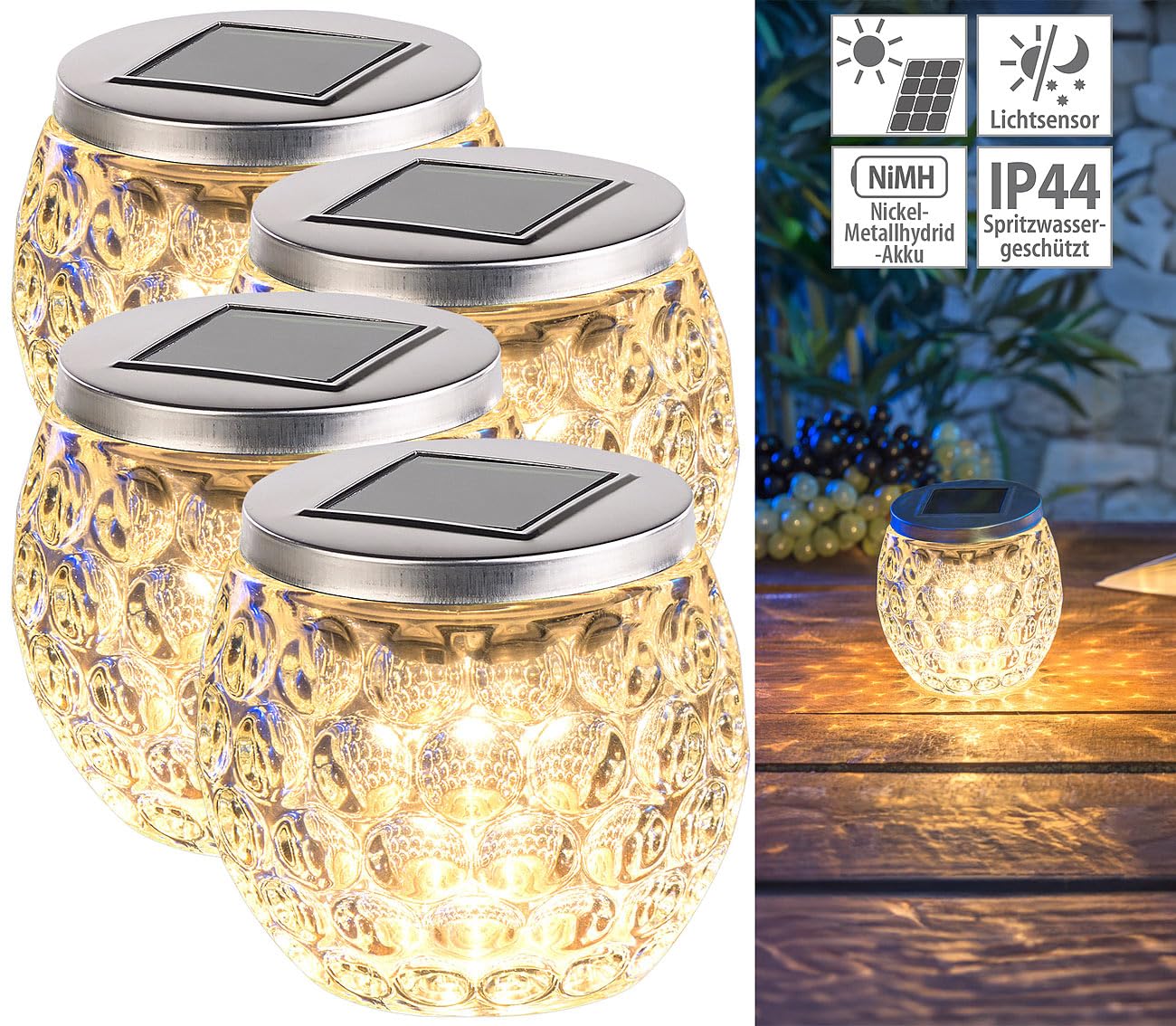 Lunartec Solar Tischleuchten: 4er-Set Solar-LED-Windlichter aus Glas, mit Lichtmuster, IP44, Ø 10 cm (Solarlampe Tisch, Tischlaterne, Kugel)