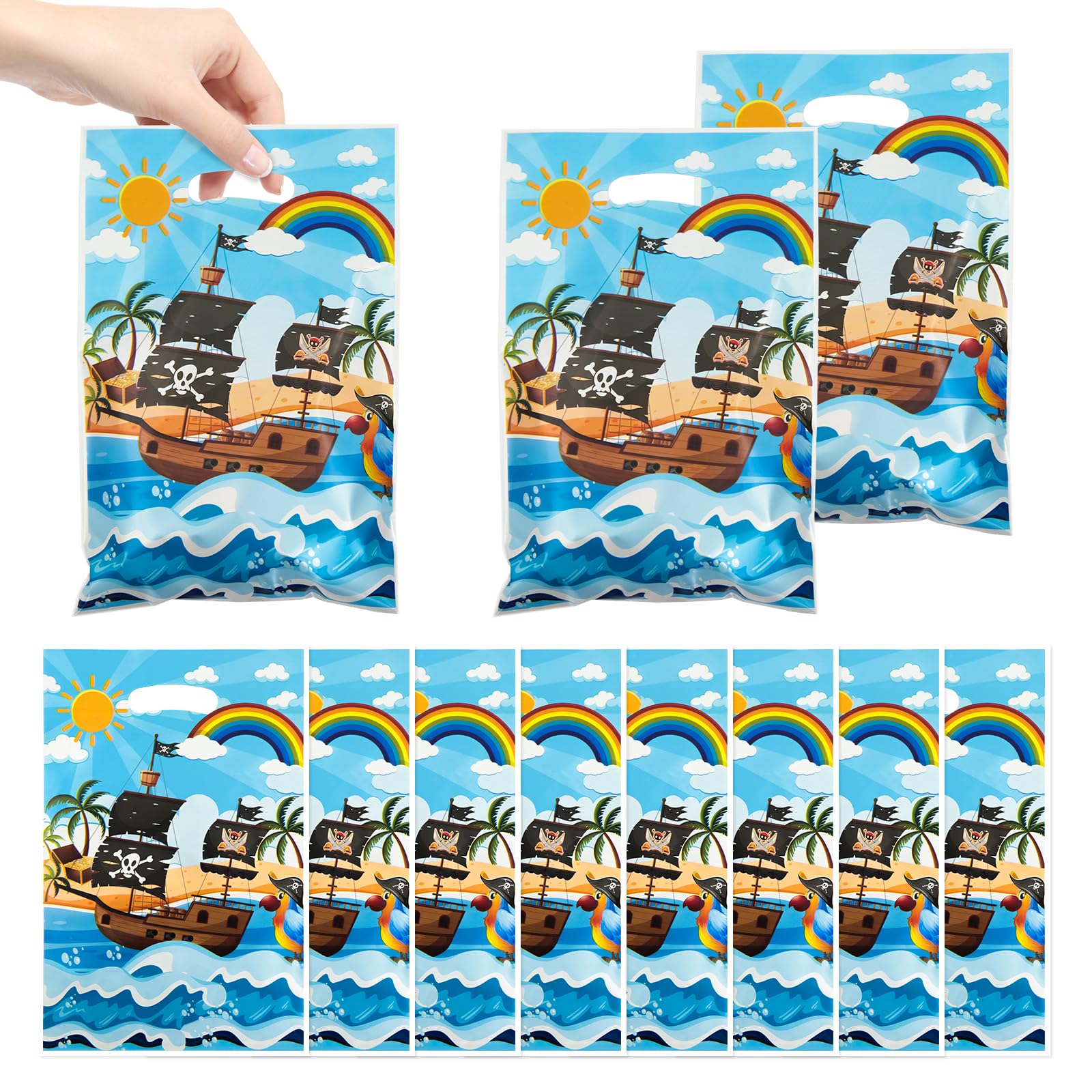 Pirate Party Favor Bags with Handles, 50Pcs Blue Pirate Treat Candy Goodie Gift Bags for Treasure Hunt Nautical Themed Birthday Party Favors Supplies