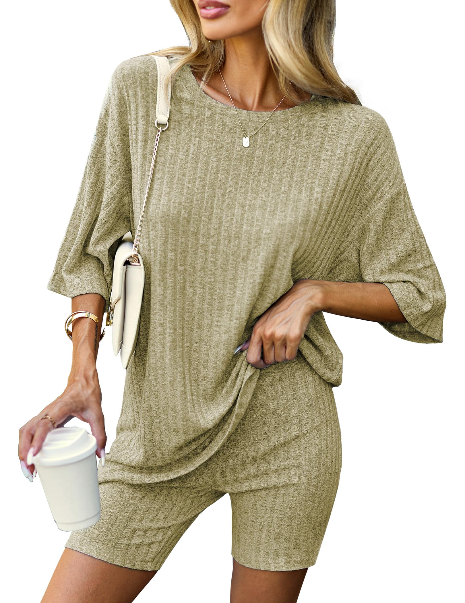 Ekouaer Pajamas 2 Piece Lounge Sets Ribbed Knit Matching Outfits T-shirt Biker Shorts Sleepwear Loungewear Sweatsuits