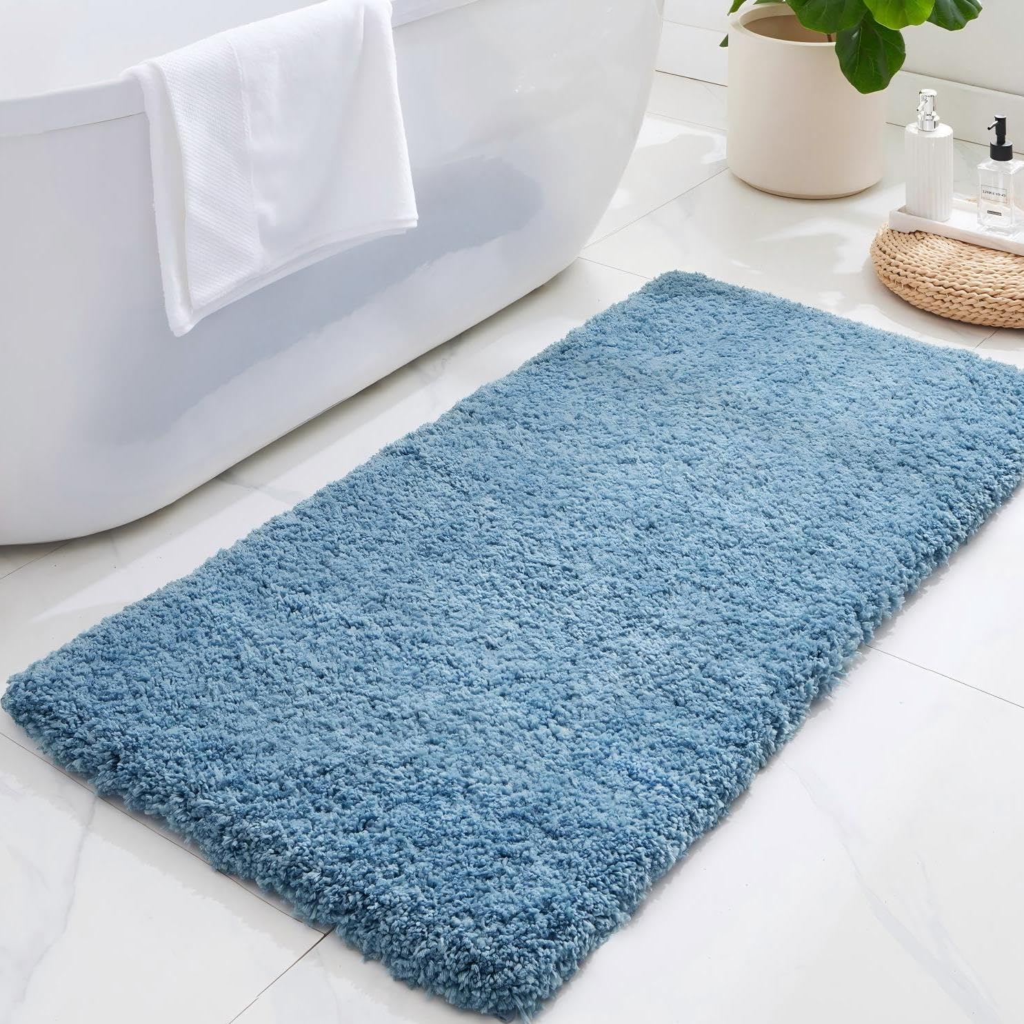 ILANGO Blue Bathroom Rugs 48" × 24" Non Slip & Super Absorbent Extra Thick Soft, Washable Bath Mat for Floor, Microfiber Plush Shaggy Bath Rug with