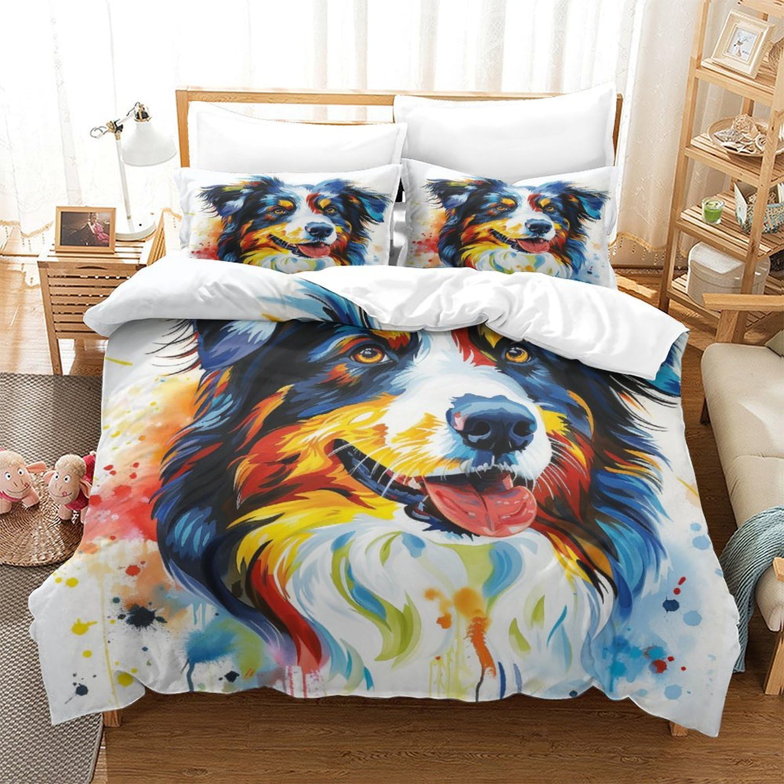 Housse de couette 260x220 chien de berger et ses 2 taies d'oreiller
