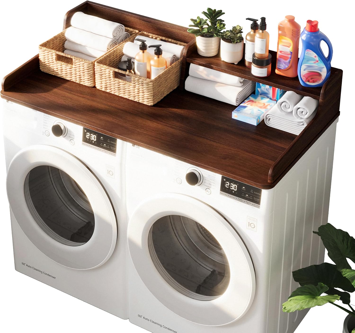 Washer Dryer Countertop,Brown Wood, 2 Tier Shelves Laudry Organizer