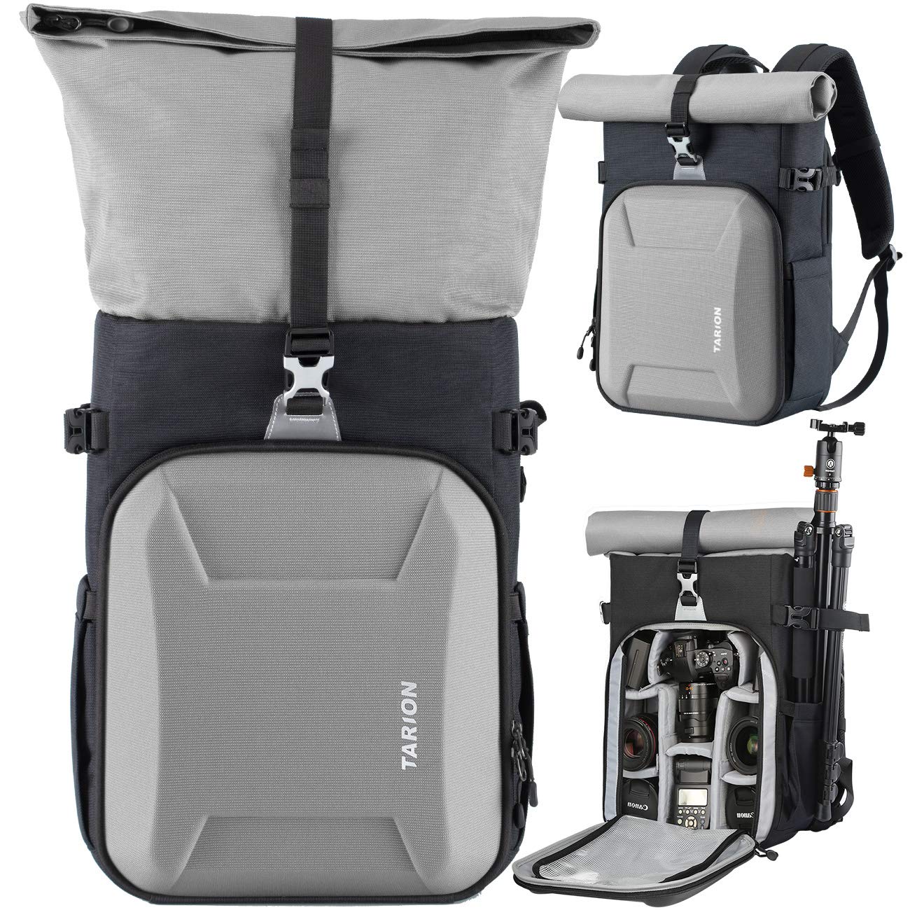 xh camera bag hardcase camera case roll top camera backpack | 15" laptop compartment waterproof raincover for dslr mirrorless cameras lens tripod outdoor men women color silver