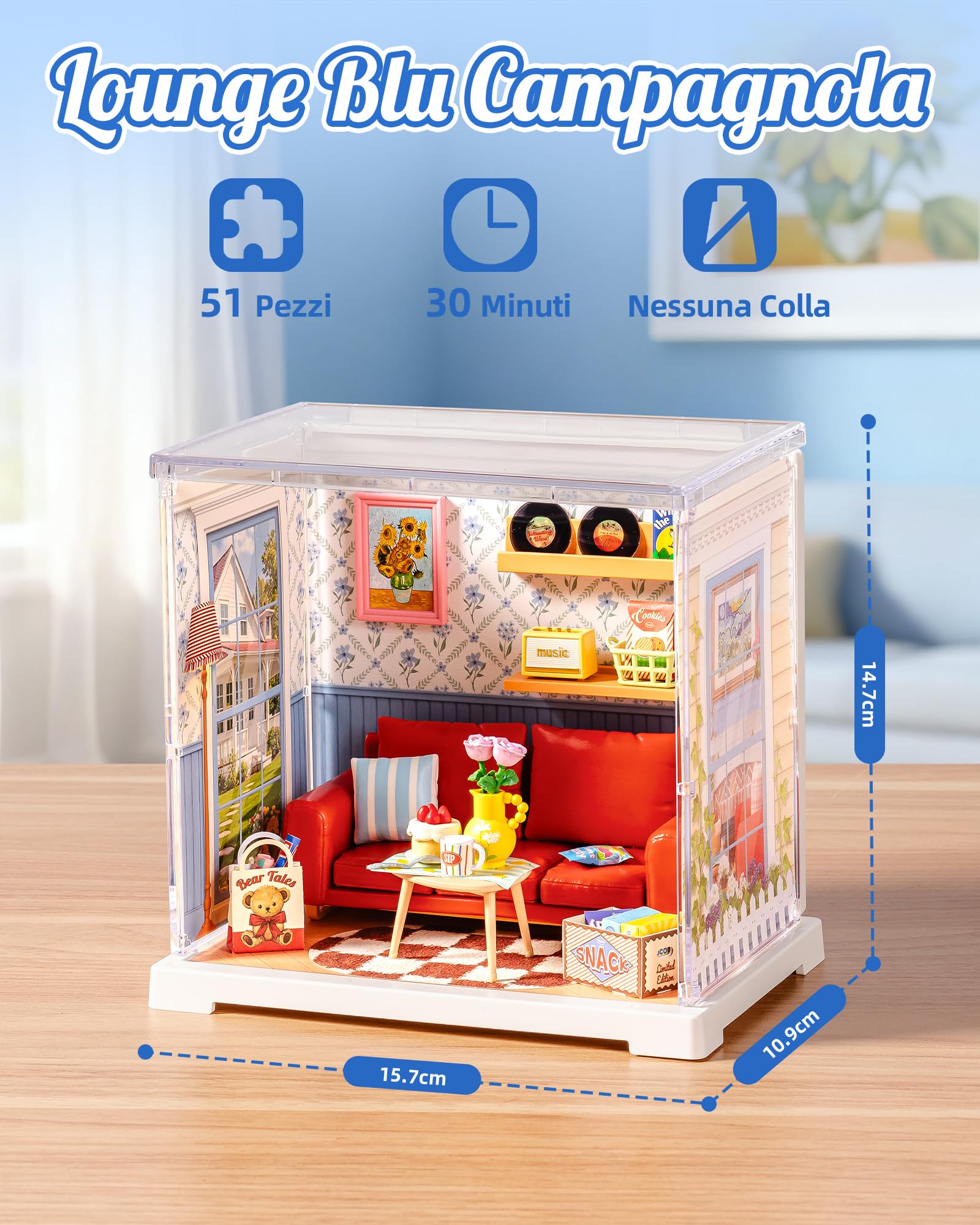 Rolife Super Creator DIY Casa in Miniatura Kit per Casa delle Bambole di Decorazione, Casa Piccola Natale Regalo di Compleanno, Kit Modellismo per Adulti (Country Blue Lounge)
