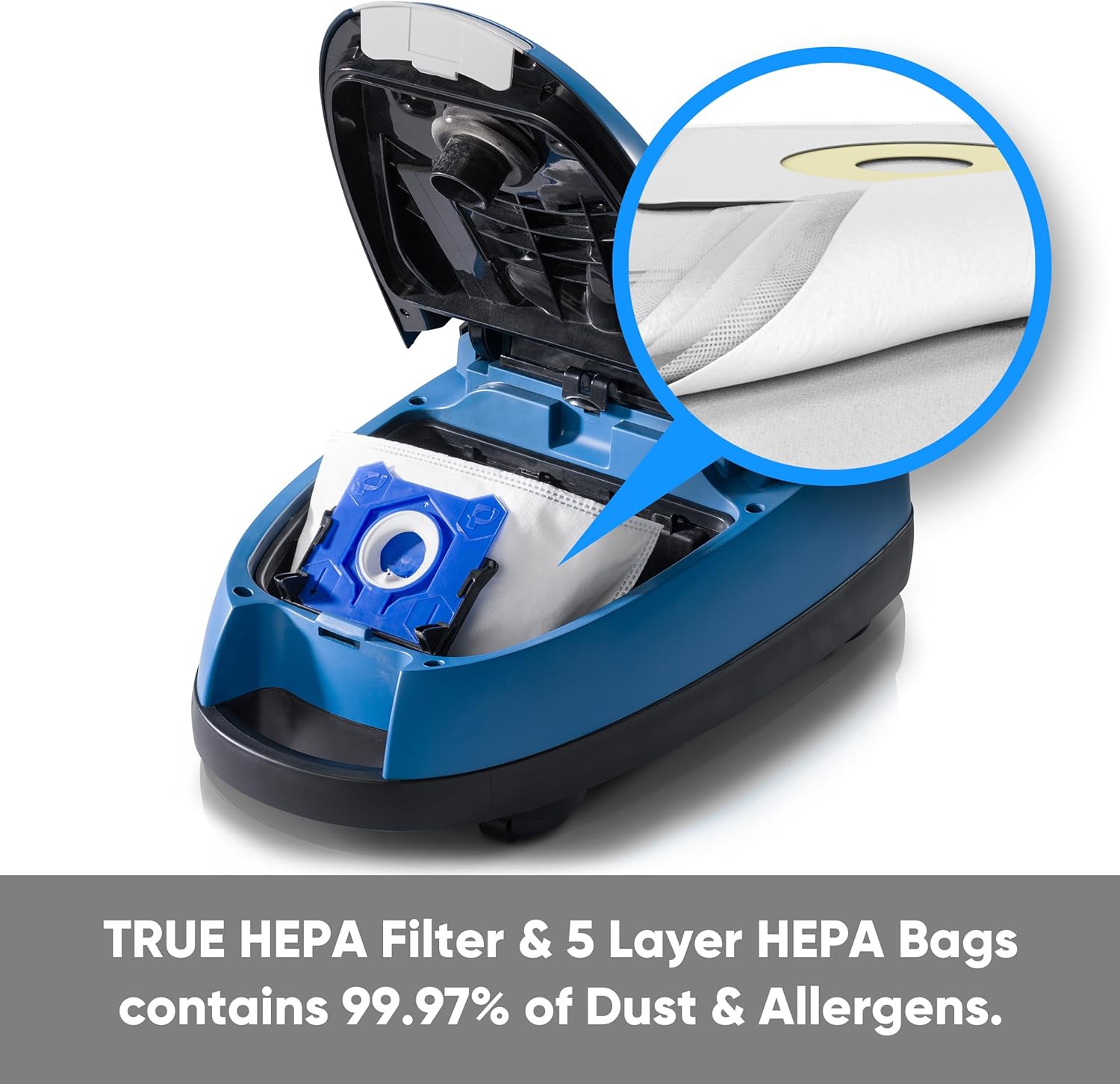 Open canister showing the internal HEPA bag and filter system.