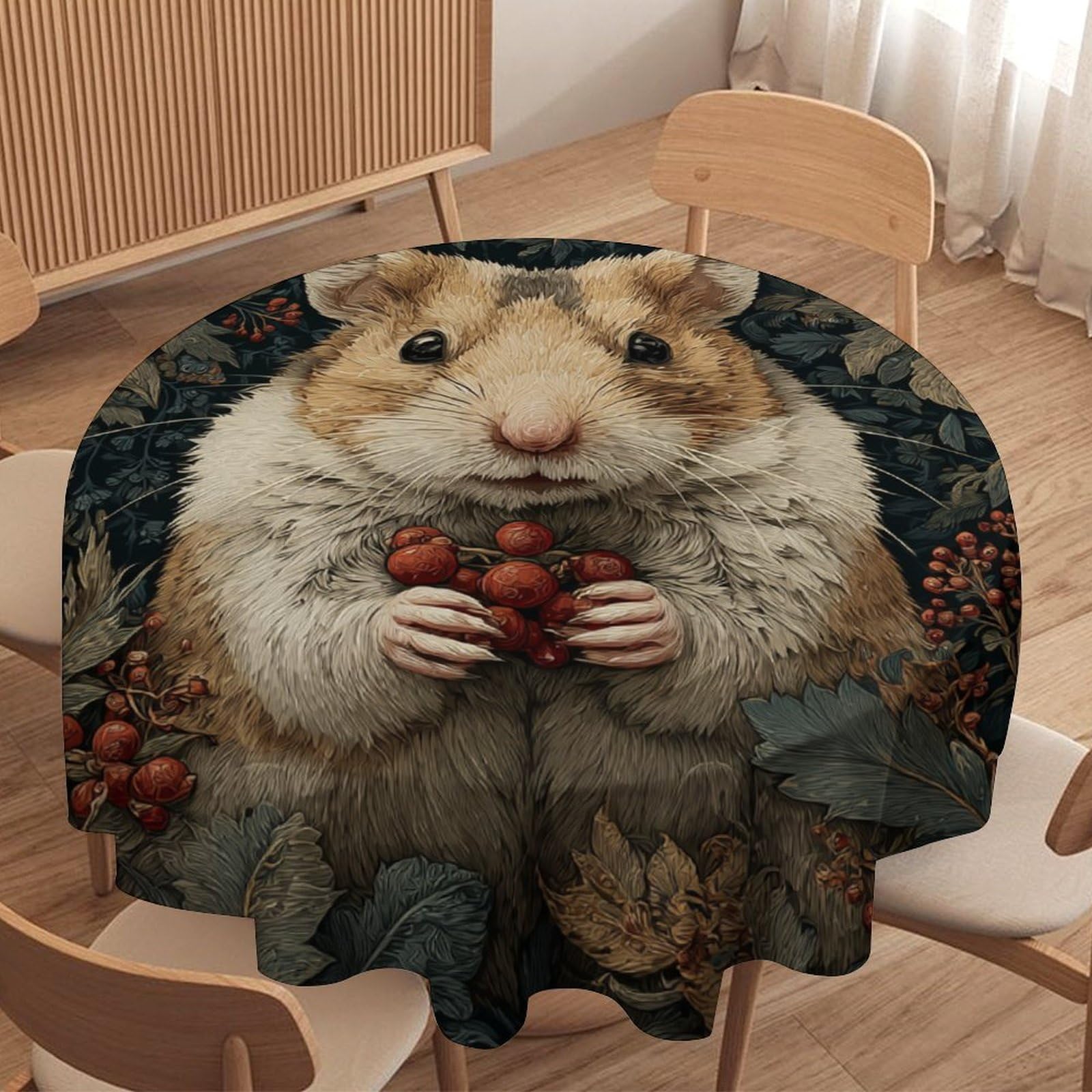 Luyysky Rustic Watercolor Hamster Round Tablecloth Mid Century Aesthetic William Morris Plant Fruit Berry Animals Hamster Washable Decor For Table Cover For Kitchen-152.4" Wx152.4 L Cm