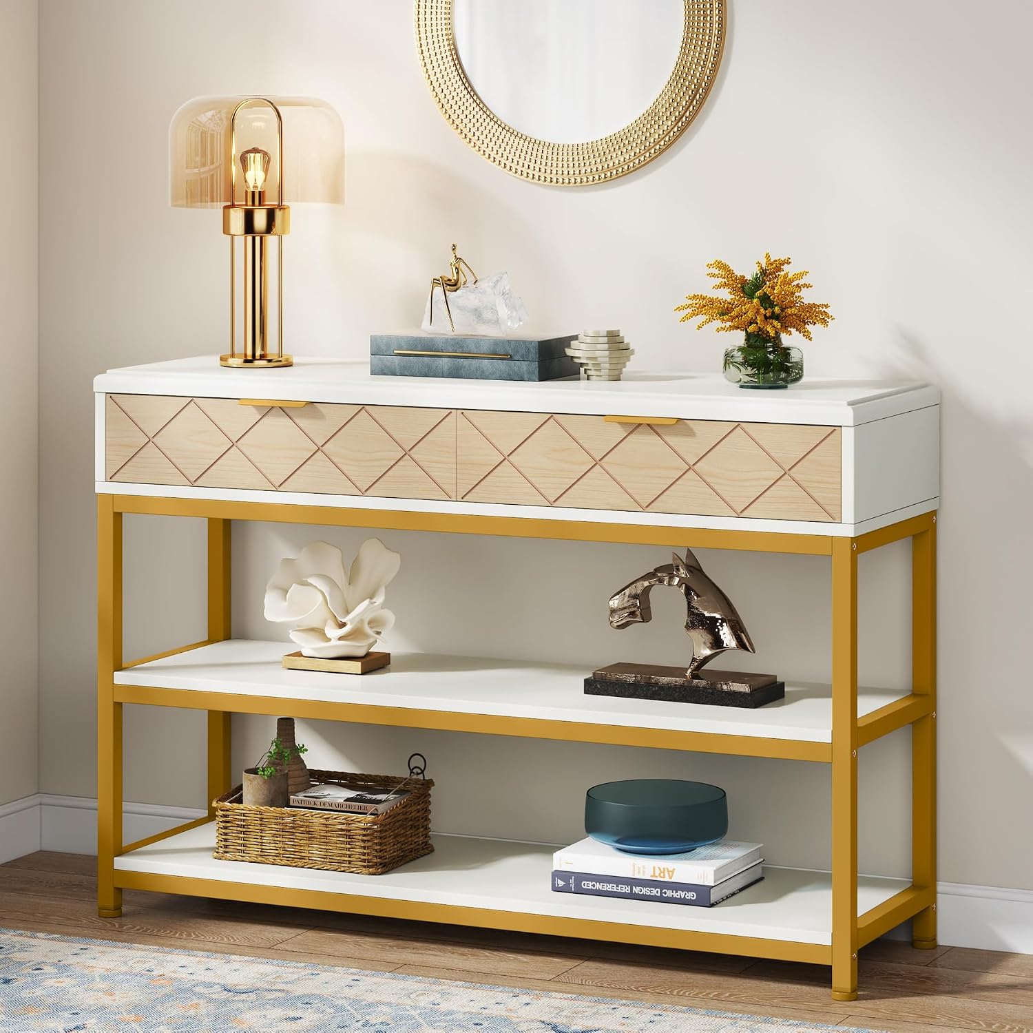 Tribesigns Console Table with 2 Drawers, Modern Sofa Table with 3-Tier Storage Shelves, Narrow White Gold Console Entryway Table for Living Room, Hallway