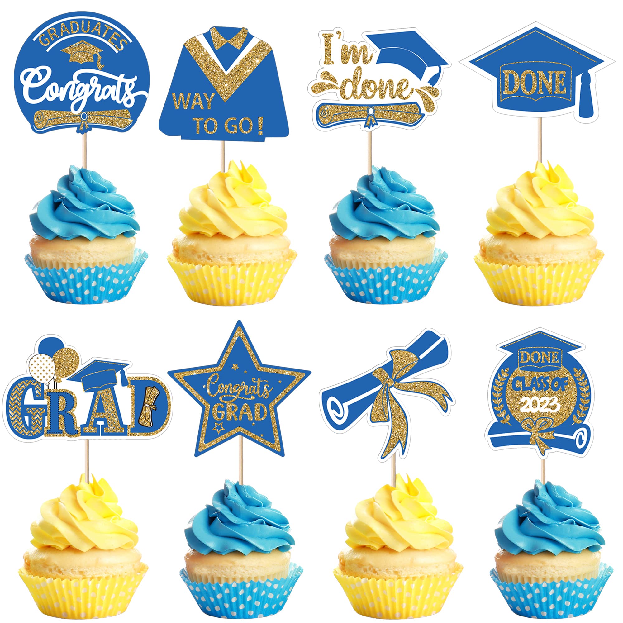 SYKYCTCY 40 Pack 2023 Graduation Cupcake Toppers Class of 2023 Cupcake Picks Diploma I'm Done Way To Go Congrats 2023 Cupcake Decorations for Congrats 2023 Graduation Theme Party Supplies Blue Gold