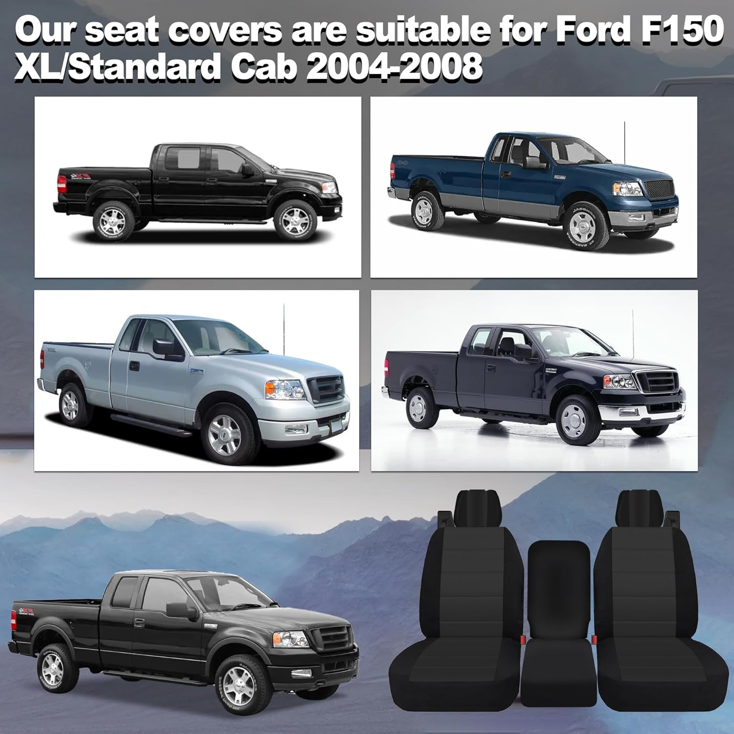 Custom Front Split Bench Seat 40/20/40 Oxford Cloth Seat Covers Fits Ford F150 XL/Standard Cab 2004 2005 2006 2007 2008 Models with Integrated Seat Belts and Solid Armrests - Black