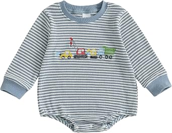 PUHHAPIEY Newborn Baby Boy Romper Long Sleeve Striped Outfit Waffle Bubble Jumpsuit Fall Winter Clothes Blue, 3-6 Months