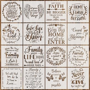 16 Pieces Inspirational Word Stencils Kit Motivational Stencil Reusable Phrase Word Template Family Sign Stencils for Painting on Wood, Porch, Front Door, Wall Home Decor8x8Inch