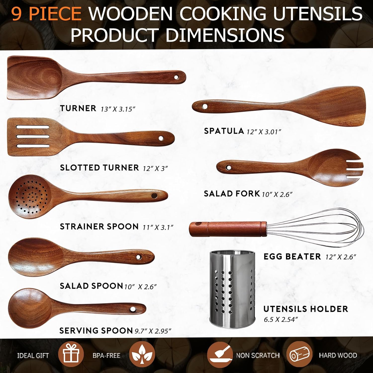 9 Pieces Wooden Spoons for Cooking, Wooden Utensil Set, Wooden Kitchen Utensil Set, With Strainer Spoon, Fried Spatula and Salad Fork, Egg Beater, Utensils Holder (9 Piece Set)