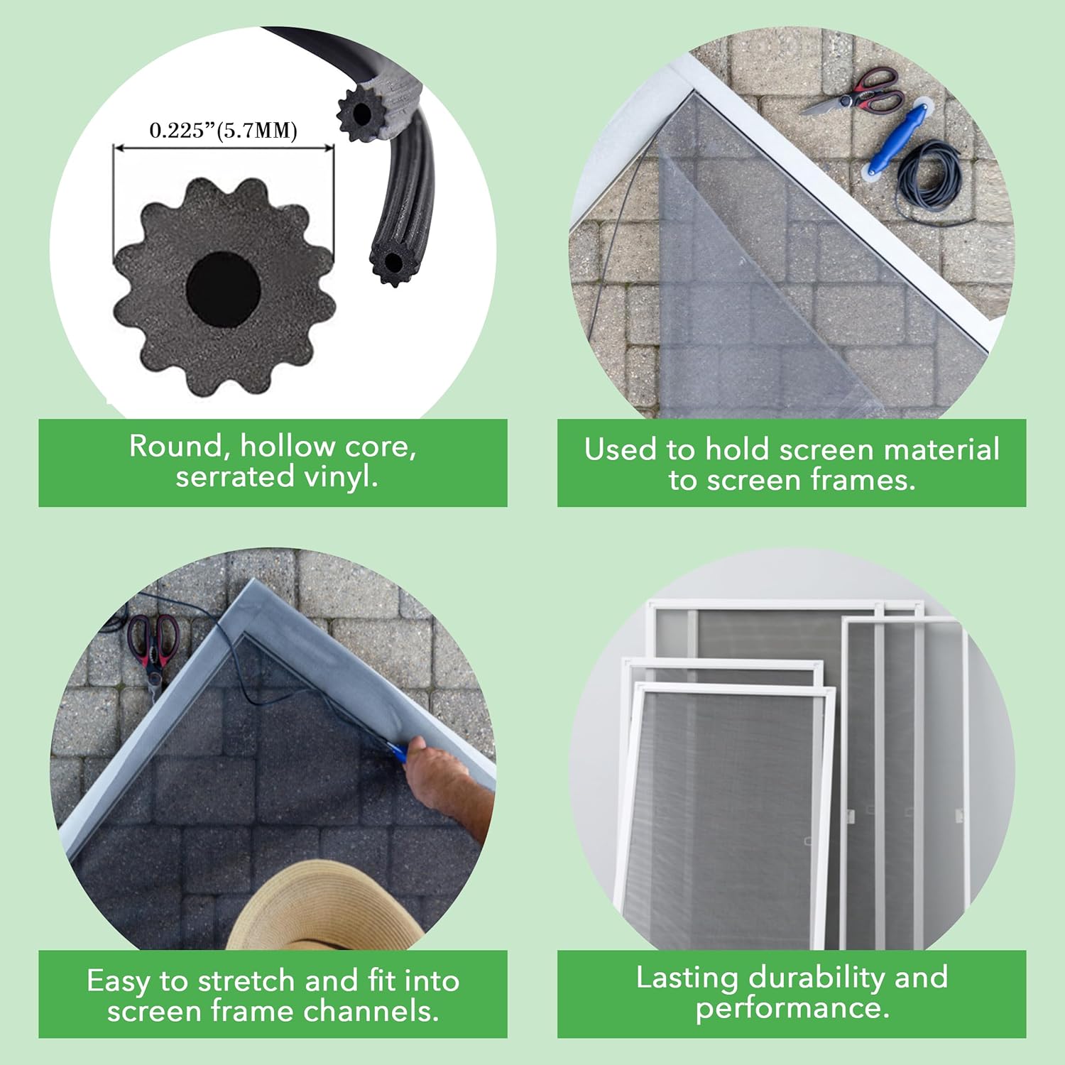 Screen Spline - 0.225", 15lb Roll - Round Screen Retainer Spline - Bulk Screen Holder Spline for Screen Door, Window Mesh & Mosquito Net Fixing - Screen Door Repair & Replacement Spline - Black