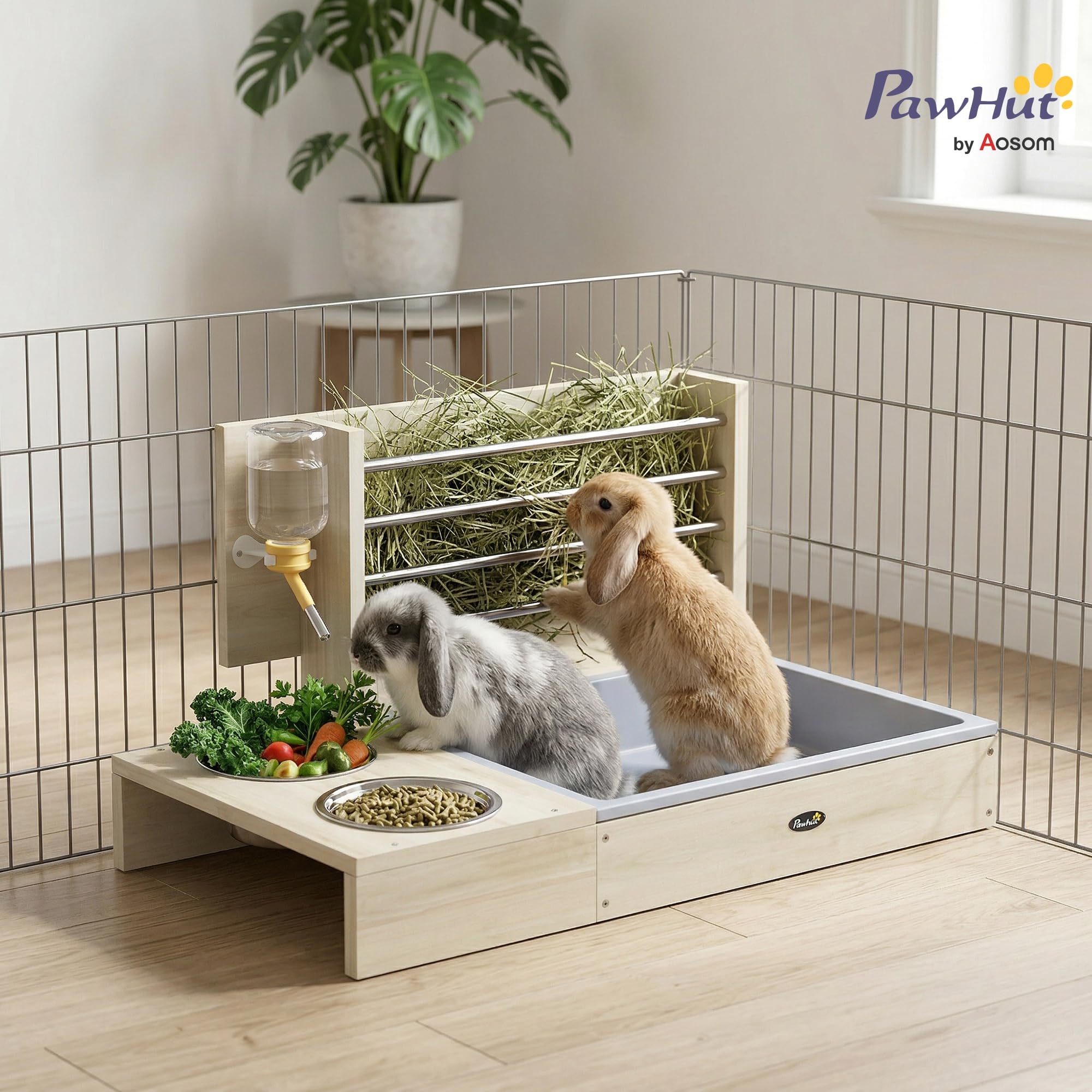 PawHut Comedero de Heno para Conejos con Bandeja, Alimentador de Heno de Madera con Cuenco de Acero Inoxidable y Botella de Agua, para Cobayas, Chinchillas, Gran Capacidad y Prevención de Residuos — view 2