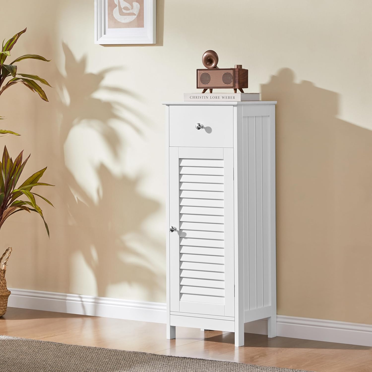 Yaheetech Bathroom Floor Storage Cabinet, Freestanding Side Table Storage Organizer Unit with Drawer and Single Shutter Door, D11.8xW12.6xH34.3 Inches