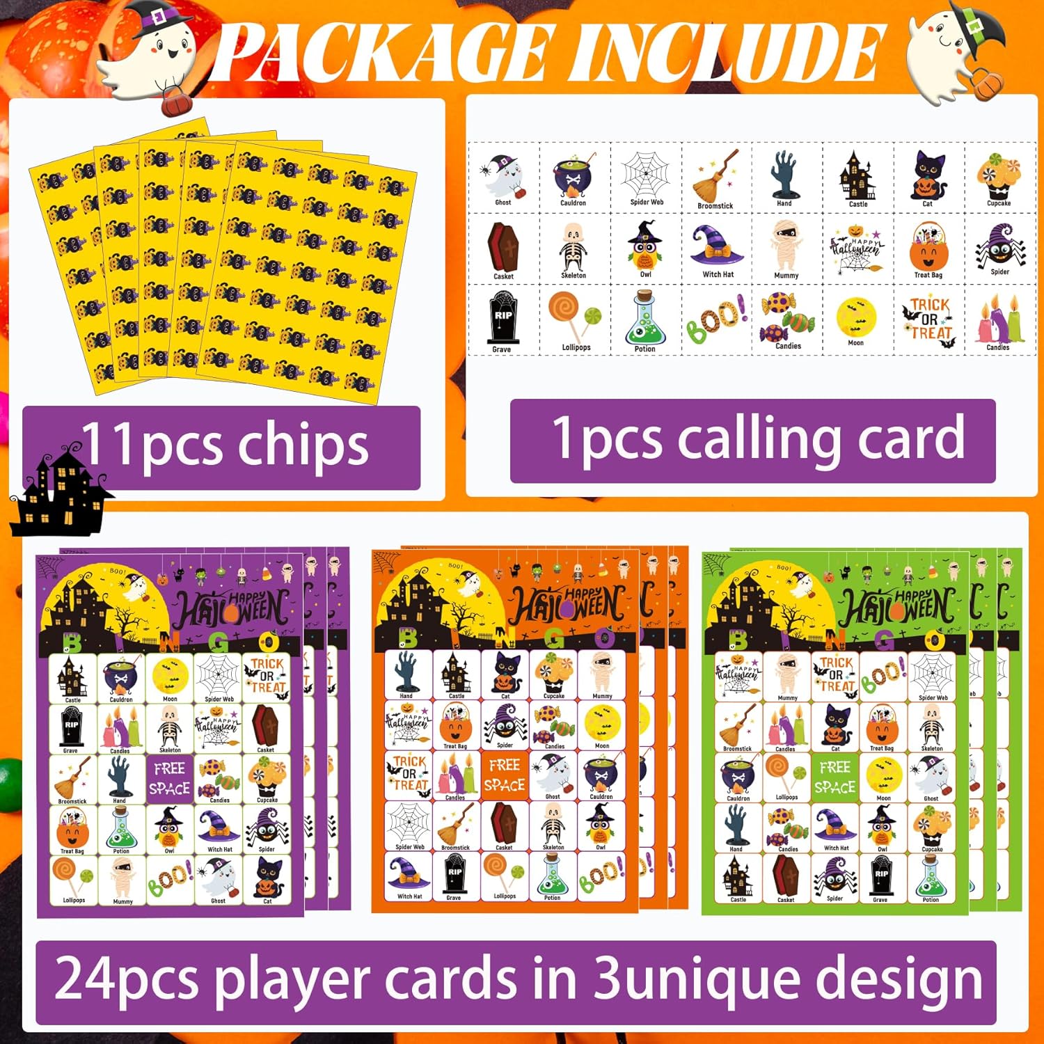Halloween Bingo Game for Kids with 24 PCS Halloween Bingo Cards Halloween Games for Adults Family Halloween Party Games Halloween Party Favors