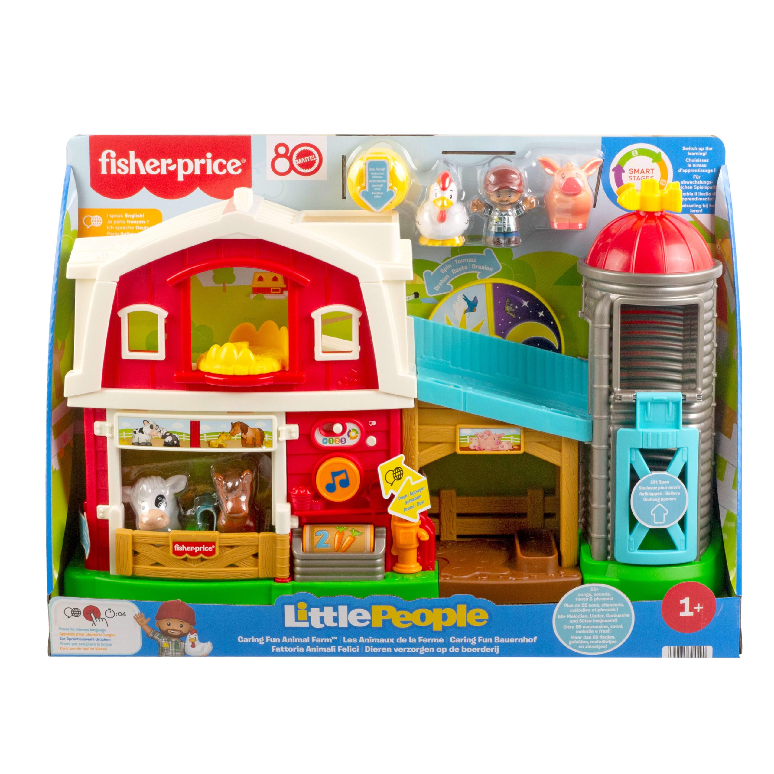 Fisher-Price Little People Caring Fun Tierfarm, mehrsprachig | Englisch, Französisch, Deutsch, Italienisch, Niederländisch, Musik-Spielset, 5 Figuren, Smart Stages, ab 1 Jahr, JGX08