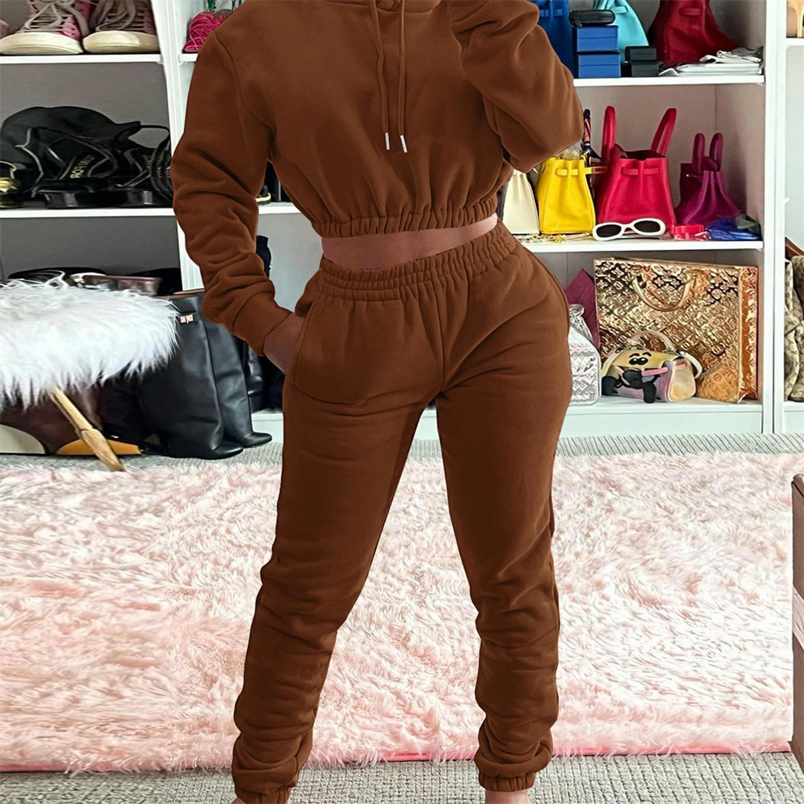 Set da Corsa Invernale in 2 Pezzi da Donna Autunno Tinta Unita Activewear Manica Lunga Felpa con Cappuccio Corta + Pantaloni da Jogging Abbigliamento Sportivo da Donna-Auburn-S
