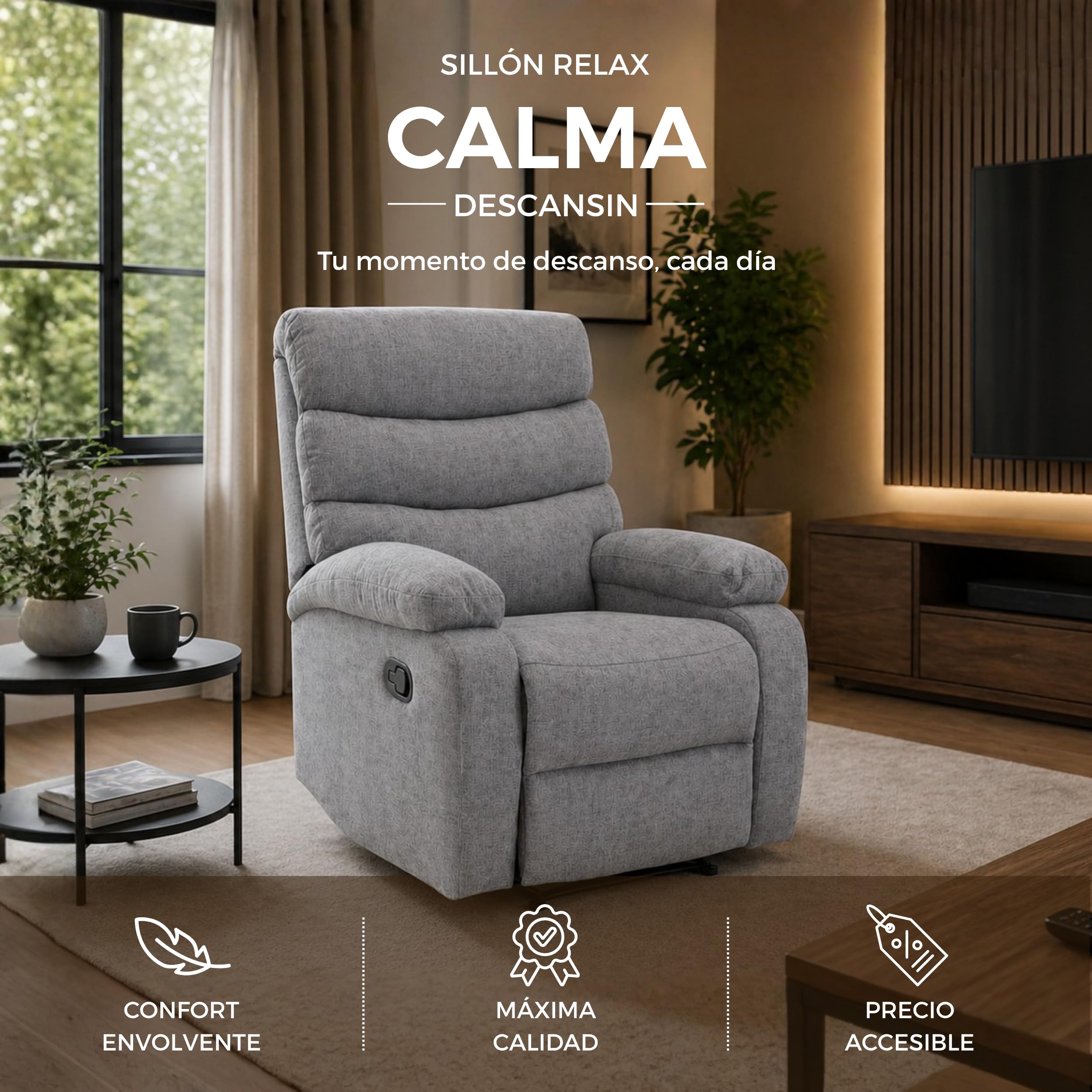 DESCANSIN - Sillon Relax Reclinable Manual con Palanca | Tapizado Tela Suave Antimanchas | Sillón Relax Asiento Firme y Respaldo Mullido | para 1 Persona | Relleno Resistente y Adaptable (Gris Claro)