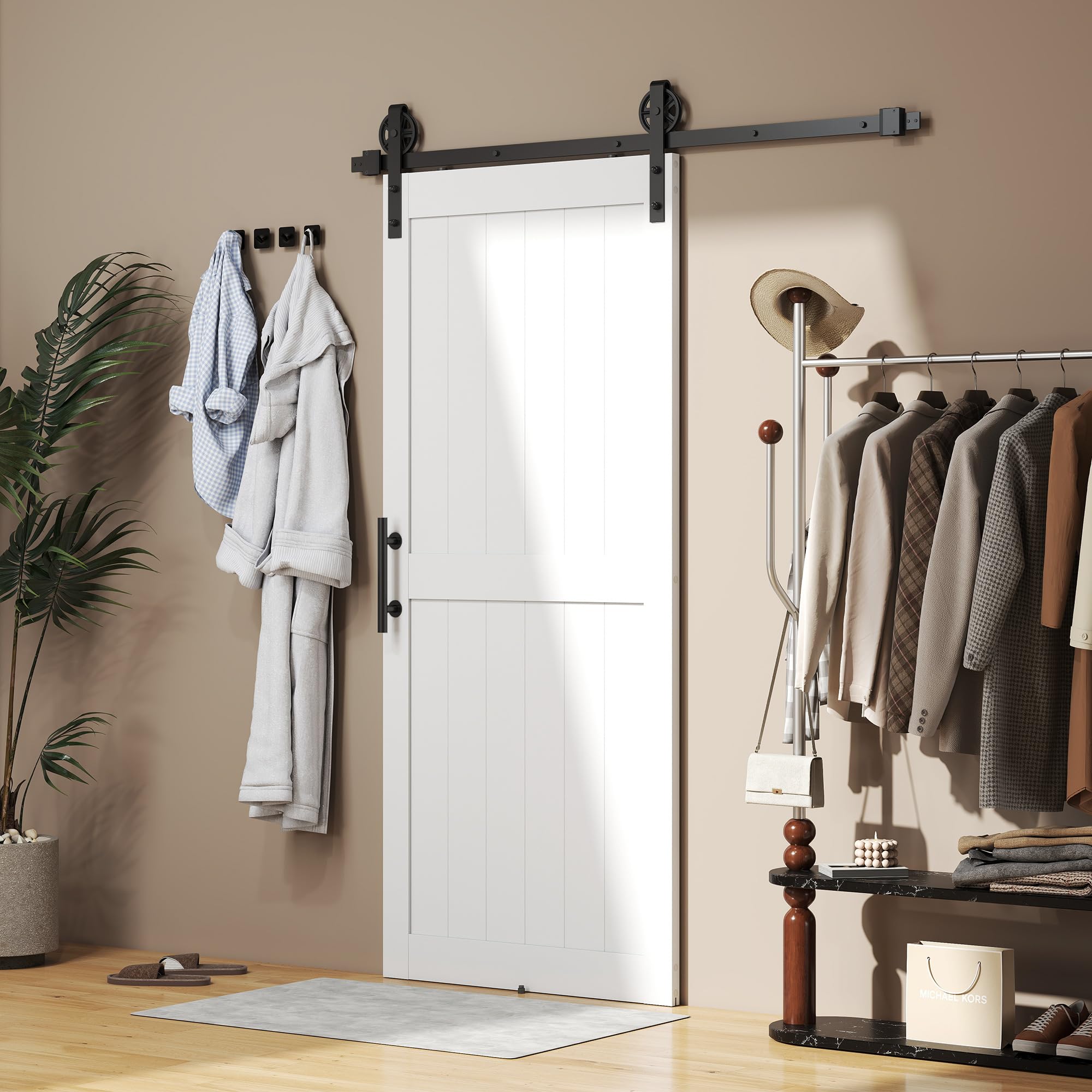 HOMCOM Porta Scorrevole Esterna Muro 91.5x213.4cm, Binario Acciaio, Maniglia Migliorato, Ruote, Porta da Interno in Stile Industriale, in MDF e Legno Pino, Impermeabile, per Cucina, Bagno, Soggiorno