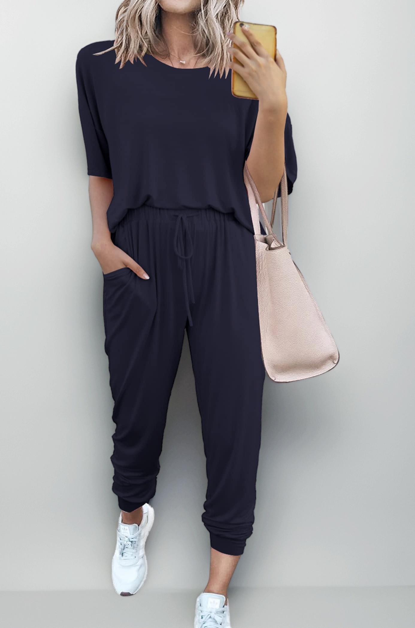 PRETTYGARDEN Women's 2 Piece Outfit Short Sleeve Pullover with Drawstring Long Pants Tracksuit Jogger Set, Navy, Medium