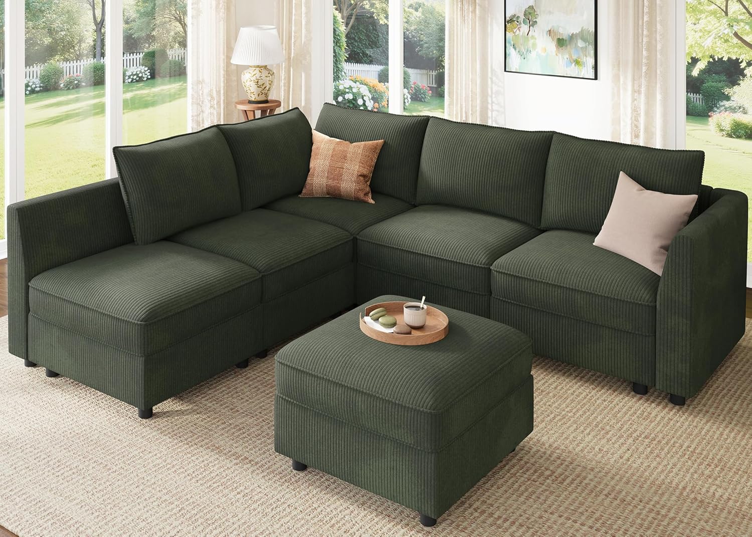 HONBAY Modular Sectional Sleeper Sofa Green Couch L Shaped Sectional Sofa with Storage, Convertible Couches for Living Room - Green - Thumbnail 4