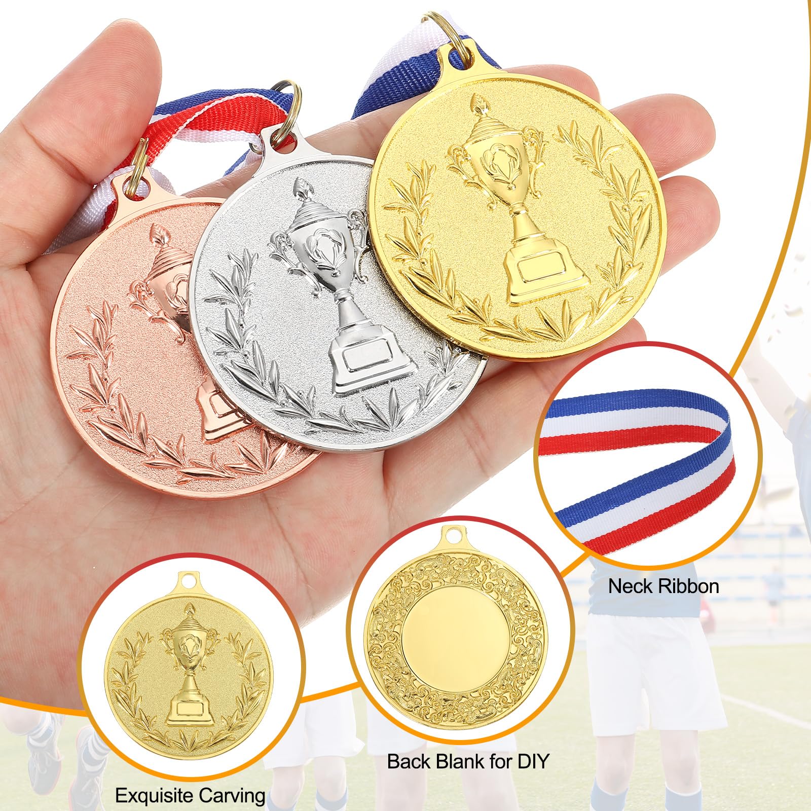 QUARKZMAN Medaglie Premio Oro Argento Bronzo 2 Pollici, Medaglie Vincitore in Metallo con Nastro al Collo Stile Trofeo per Giochi Sportivi di Squadra Competizioni Party Favor 48 Pezzi