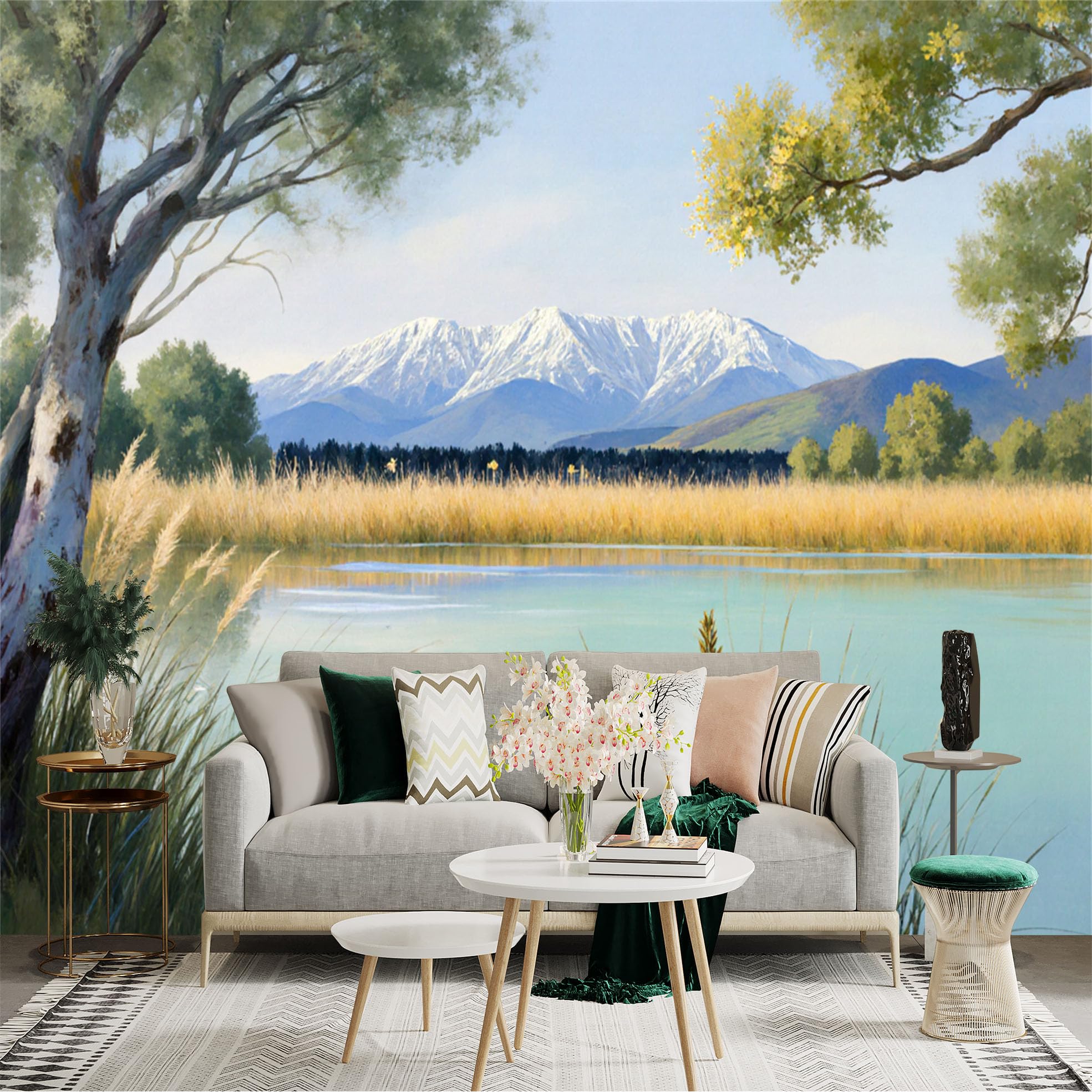 Custom Size Wall Sticker Mural， Serene Lake Landscape， Majestic Snow Capped Mountains， Golden Meadow Field， Peaceful Nature Scenery， for wall Decoration， peelandstick wall Decals.