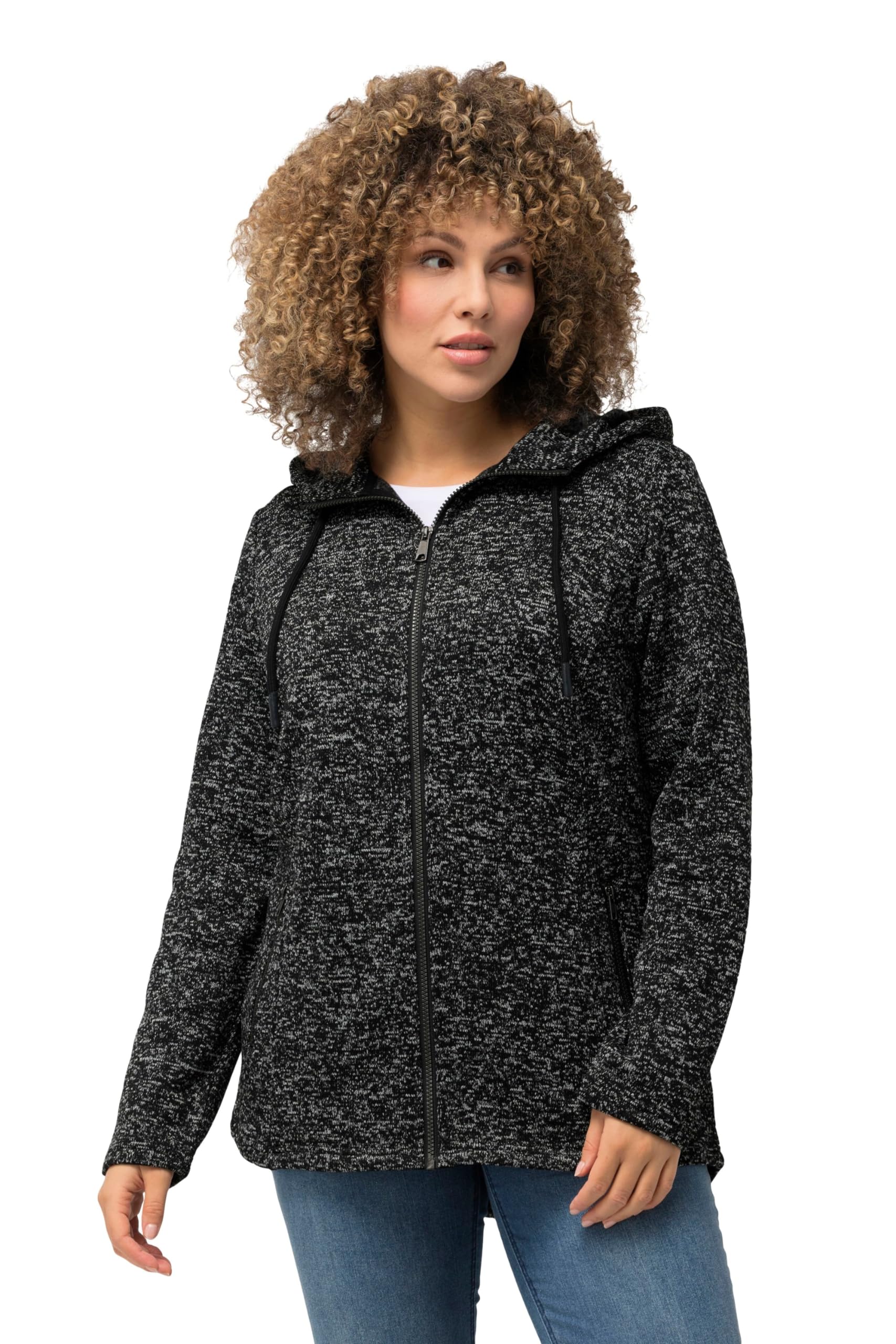 Ulla Popken Damen große Größen Übergrößen Plus Size Strickfleece-Jacke, Kapuze, Reißverschlusstaschen 814634