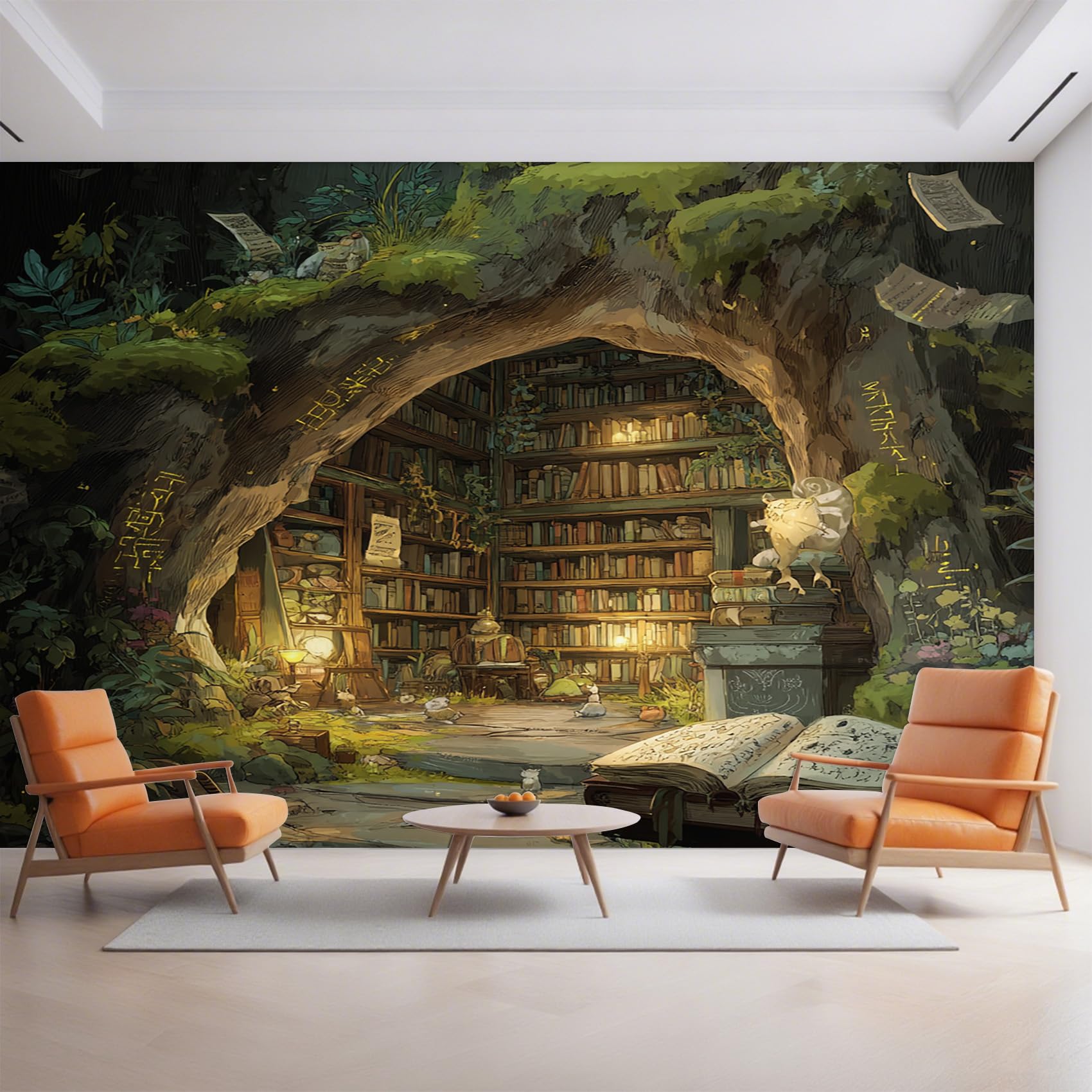 Fantasy Library Wallpaper for Living Room, Bookshelf Tree House Wall Mural for Bedroom 200x140 cm, Non-Woven Photo Wallpaper, Home Decor D&O29