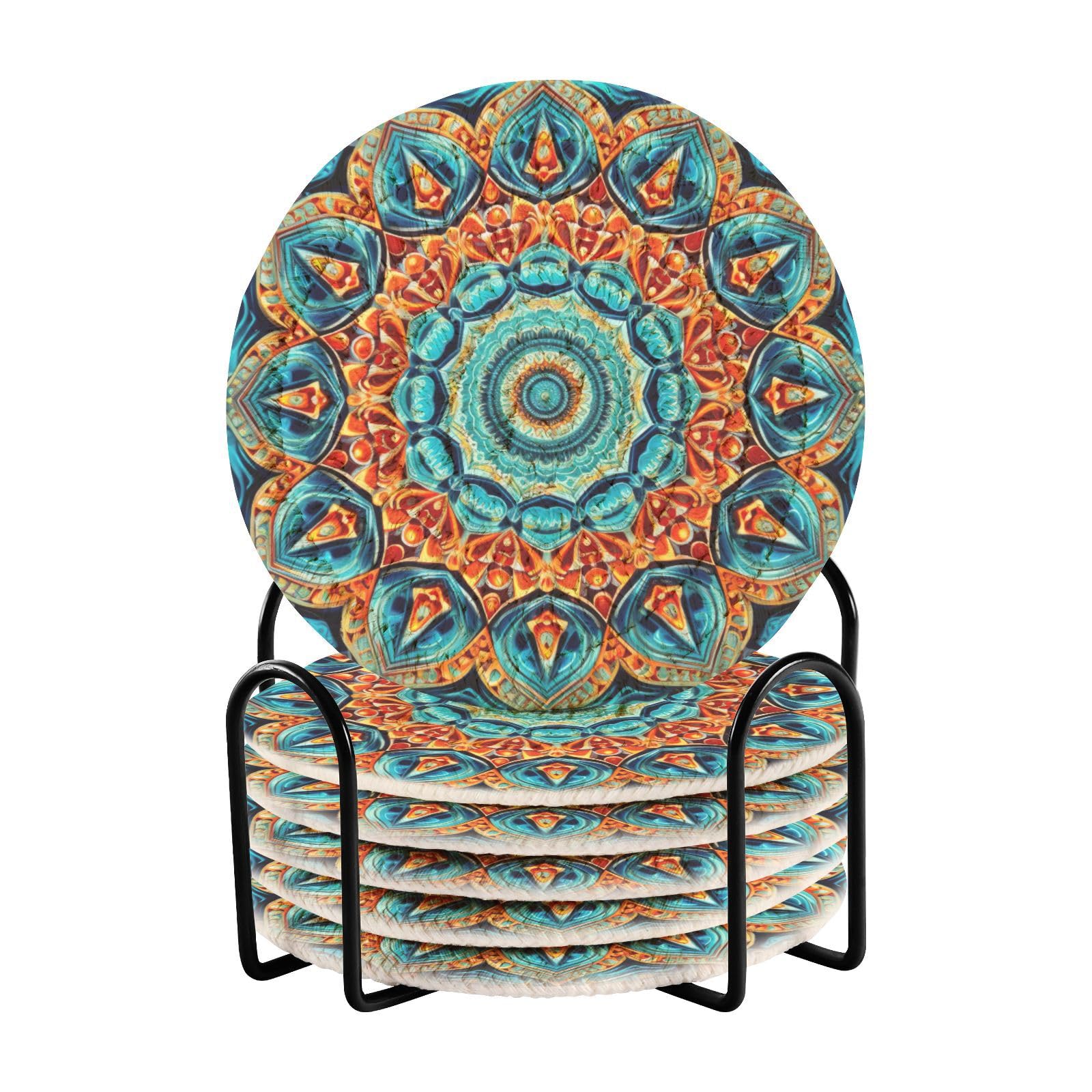 6 Pack Drink Coasters with Holder, Absorbent Coasters for Drinks, Blue Orange Mandala Coaster Set for Home Decor Tabletop Protection Suitable for