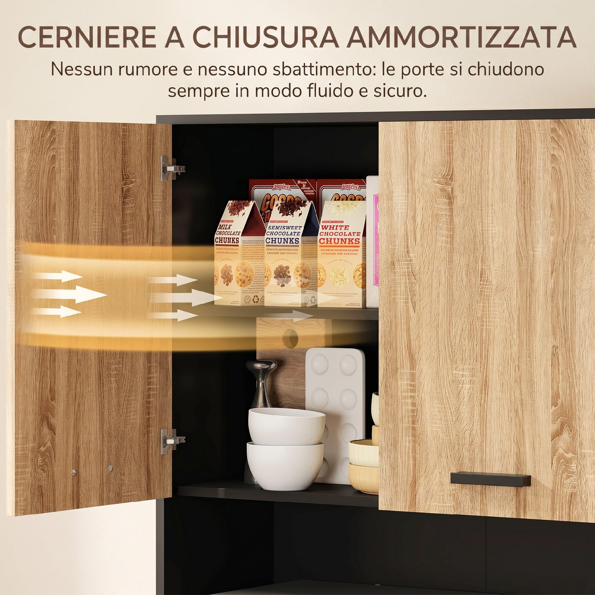 HOMCOM Credenza Cucina 180 cm Mobile da Cucina con Ante Soft Close, Dispensa con Piano Portamicroonde e Foro Passacavi, Cassetto, Ripiani Regolabili, Nero e Color Legno