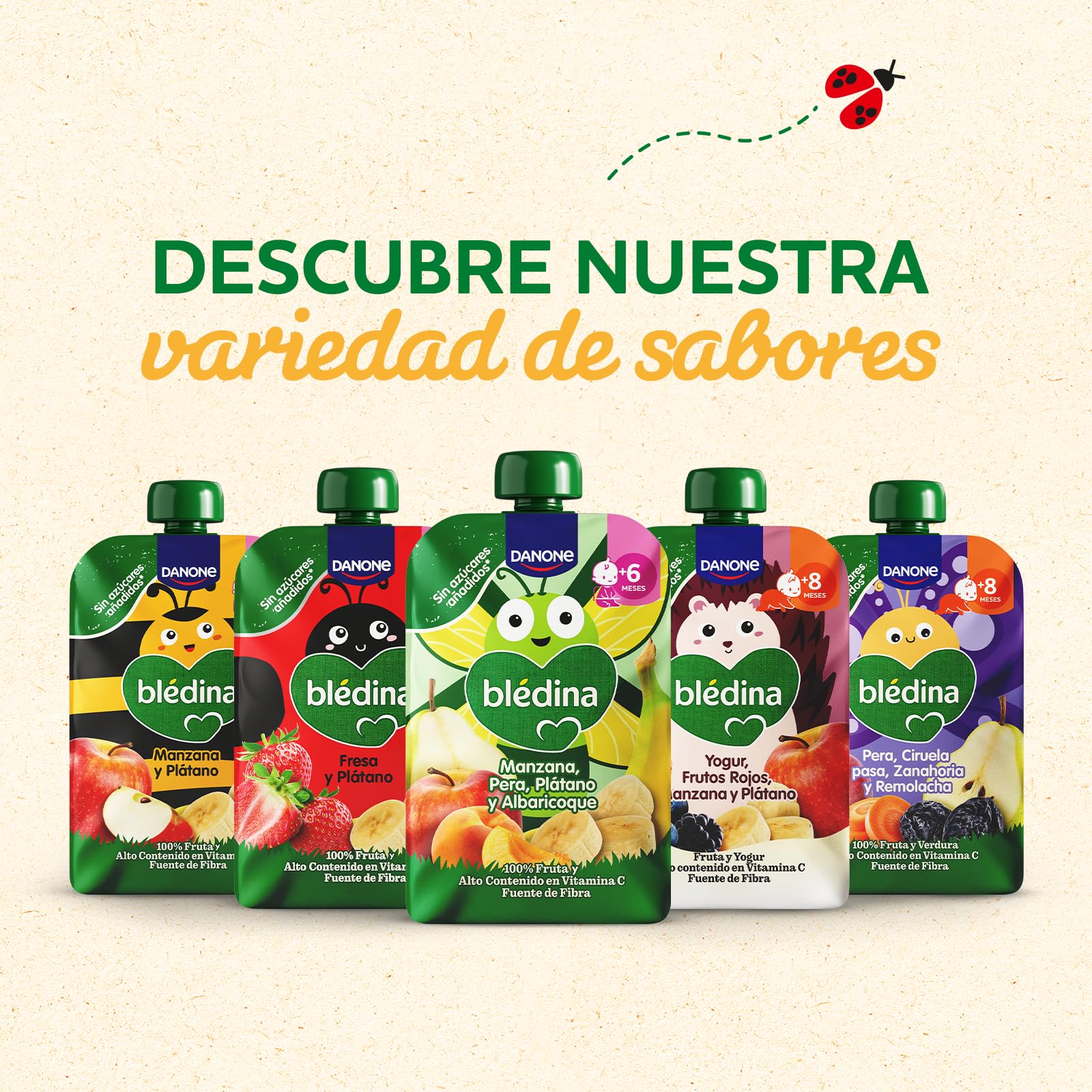 Blédina Bolsita de Manzana, Pera, Platano y Albaricoque para Bebé, 100% Fruta, Sin Azúcares Añadidos, Vitamina C, Fibra, 6 Meses, 100g